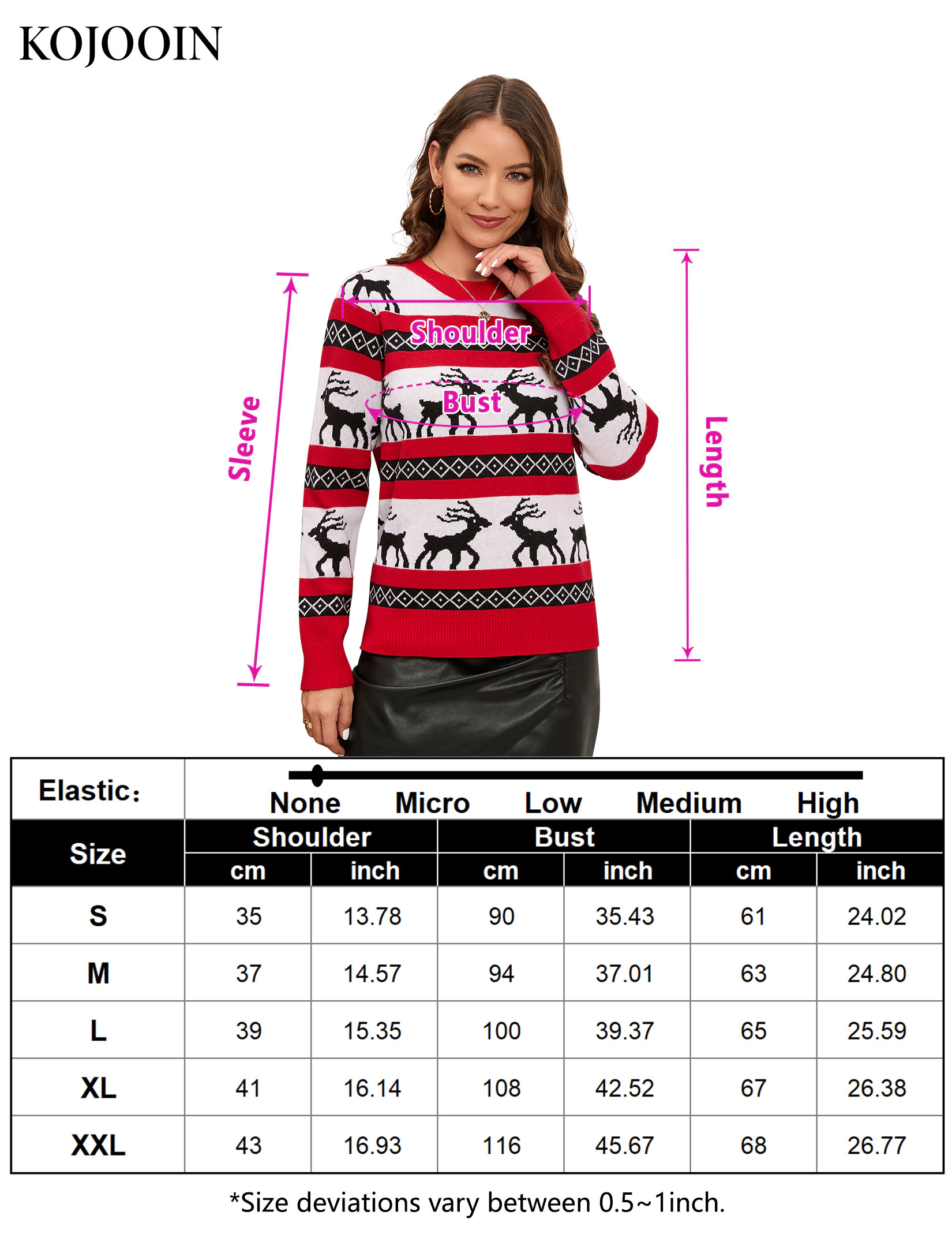 KOJOOIN Women Christmas Sweater Fair Isle Reindeer Knit Pullover Striped Jacquard Sweater for Holiday Party