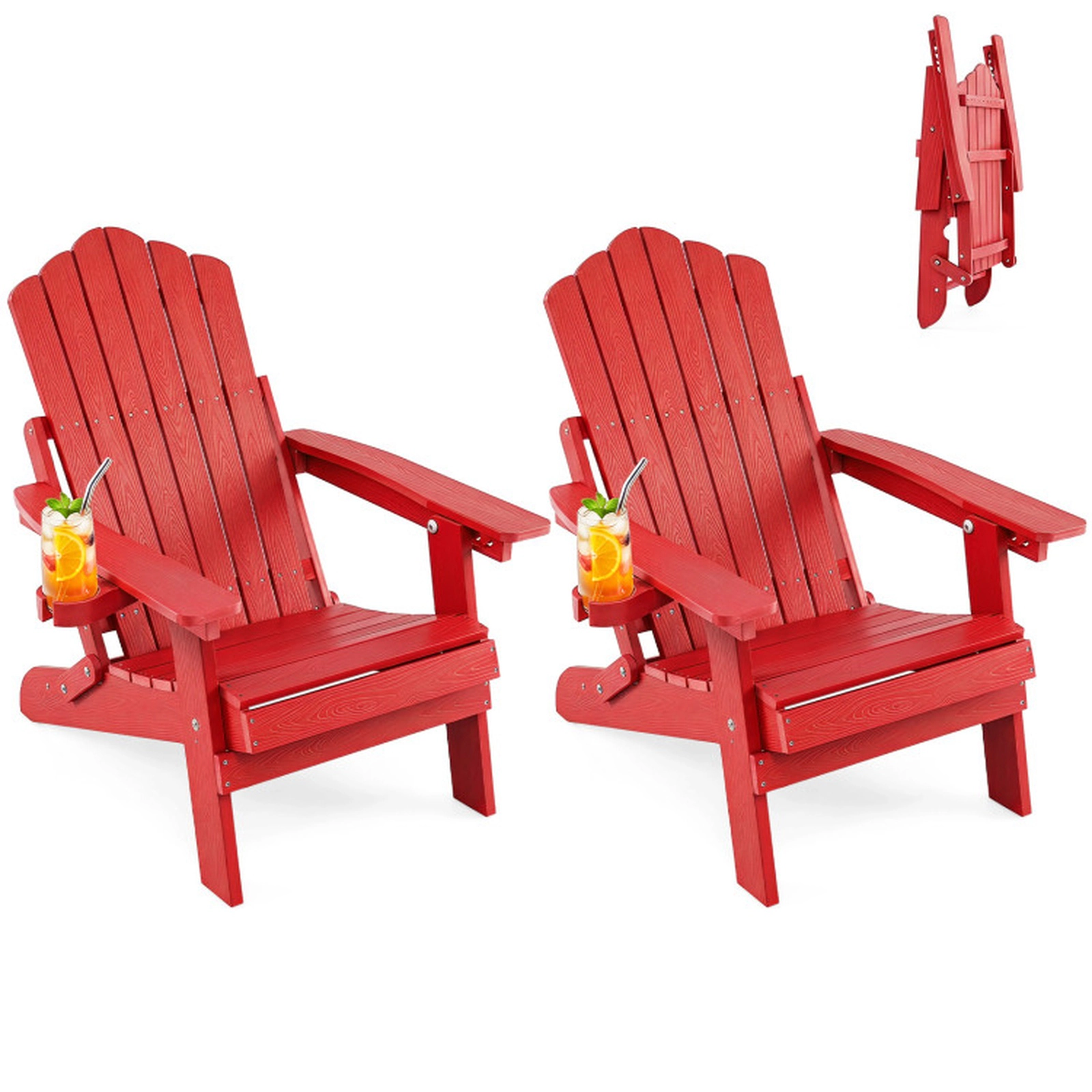 SUGIFT Set of 2 330-lb Capacity Red 5-Level Reclining Folding HIPS Adirondack Chairs with Swivel Cup Holder