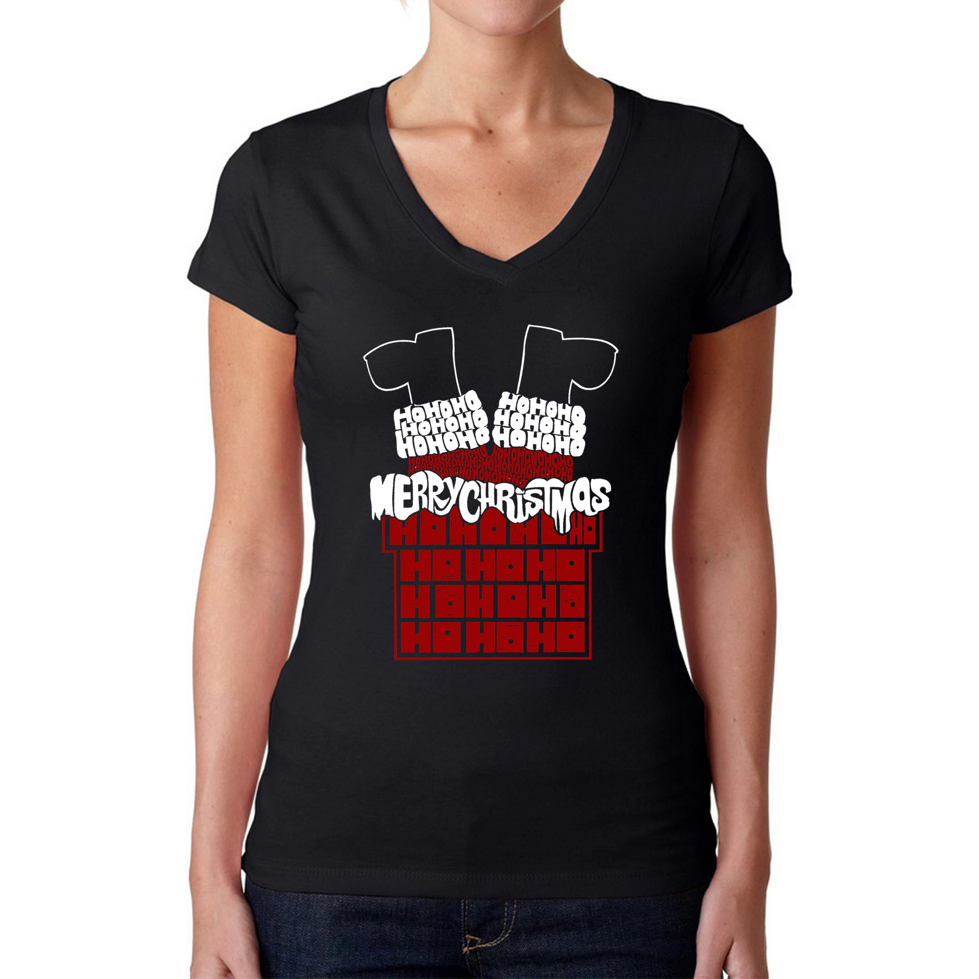 LA Pop Art Womens Word V-Neck T-Shirt - Chimney Santa