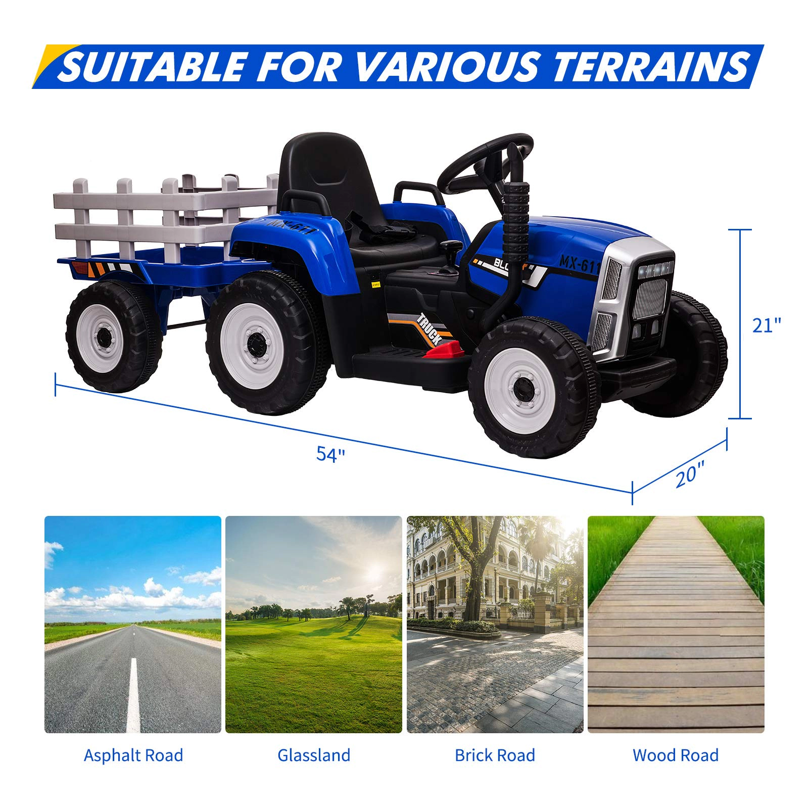 Enjyam 12V Kids Electric Tractor with Trailer, Ride On Car w/Remote, 7-LED Lights, 3-Speed, MP3/USB, Tread Tires,25W