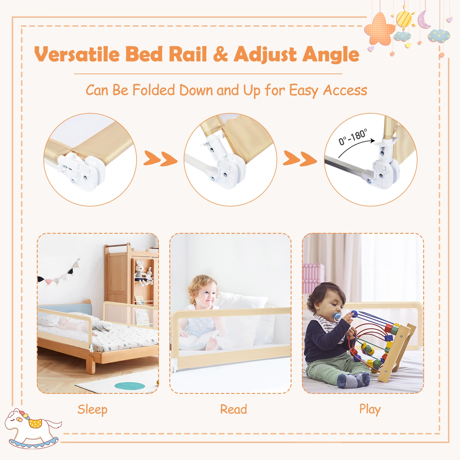 SUGIFT 59-in Folding Breathable Baby Bed Rail Guard with Safety Strap for Ages 2+ Fits 4.72-11.81-in Mattresses Beige