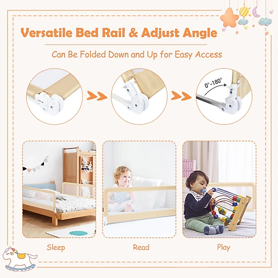 SUGIFT 59-in Folding Breathable Baby Bed Rail Guard with Safety Strap for Ages 2+ Fits 4.72-11.81-in Mattresses Beige