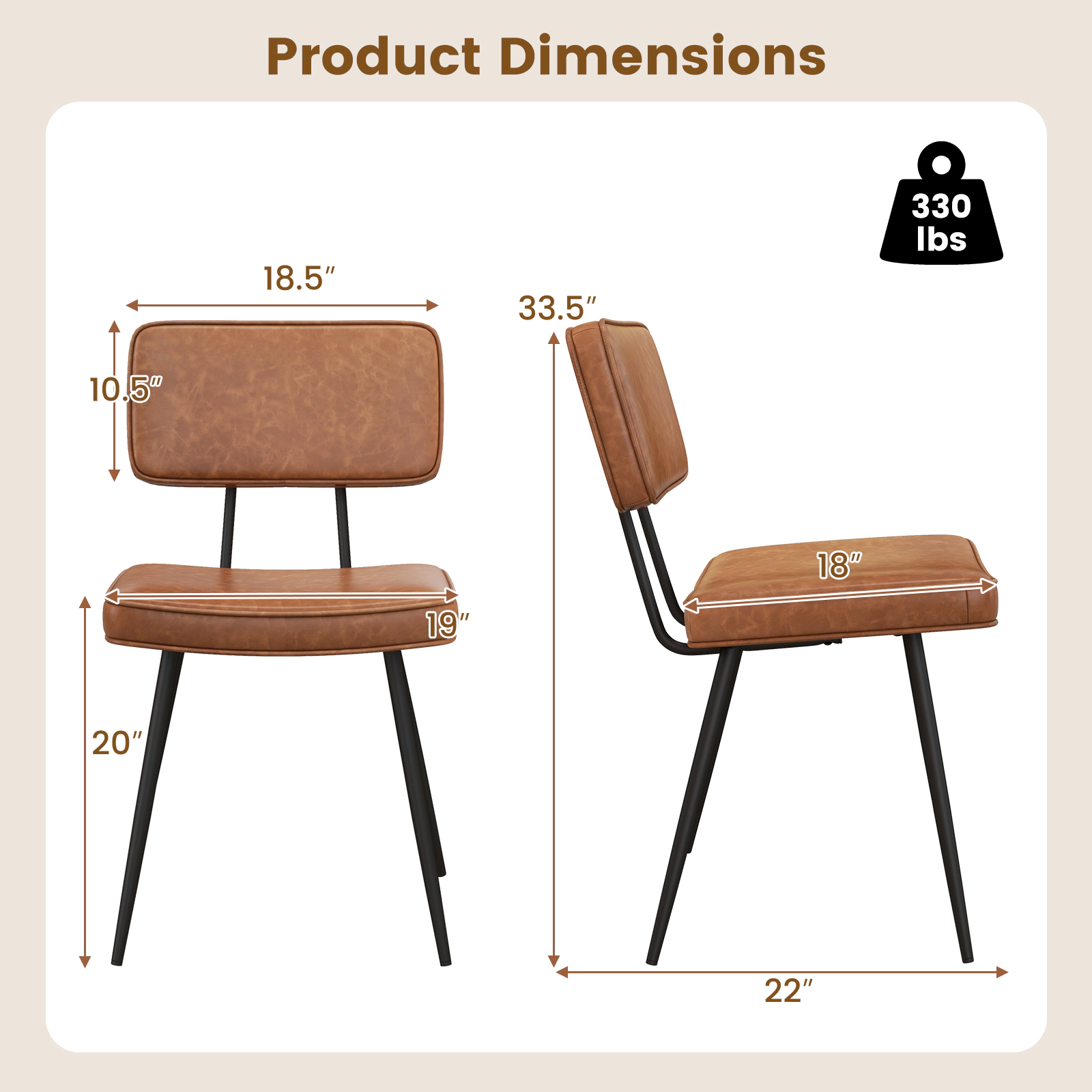 SUGIFT Set of 2 Faux Leather Padded Backrest Metal Frame Dining Chairs 22-in x 19-in x 33.5-in 330-lb Capacity Brown