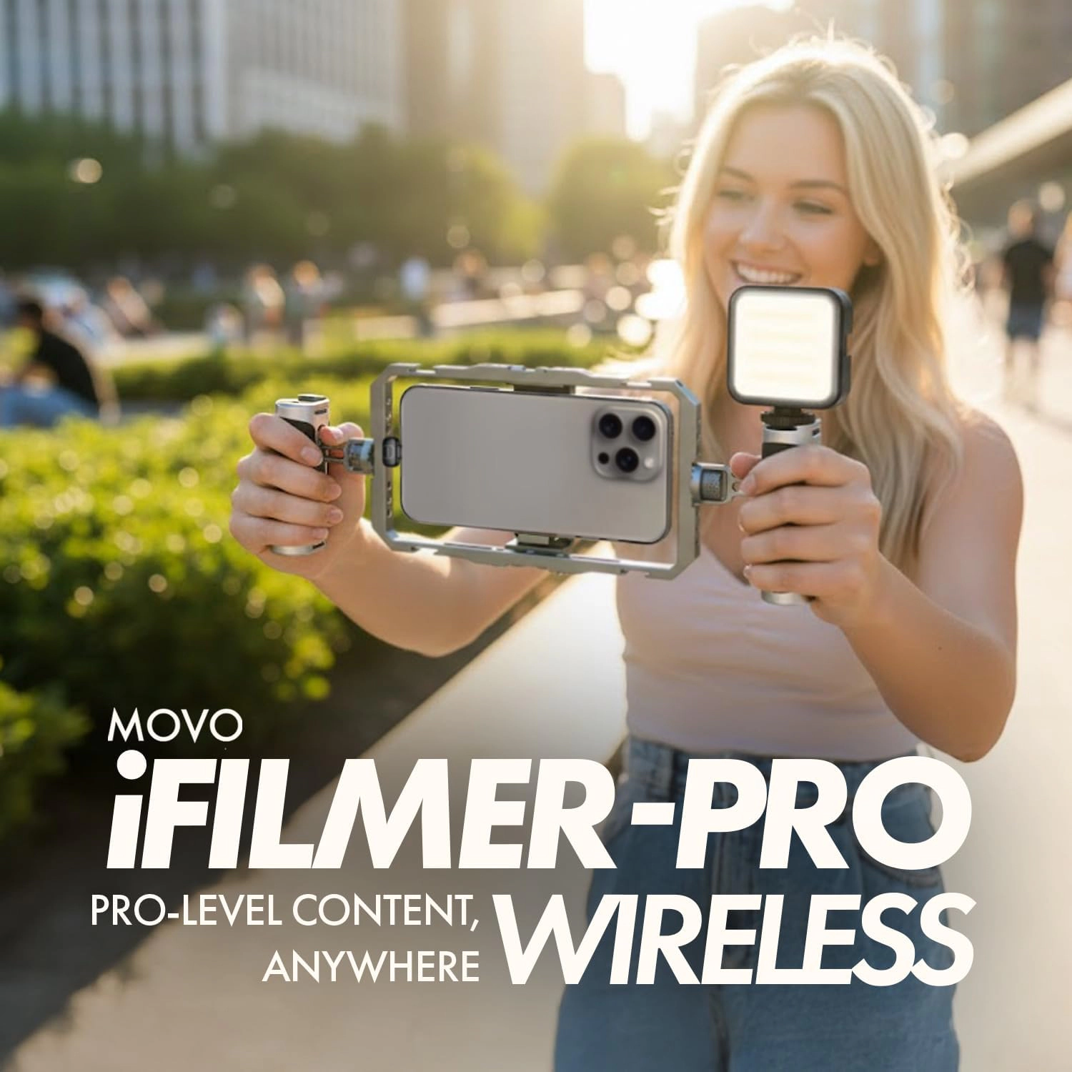Movo iFilmer PRO Smartphone Rig with Dual Grip Cage Wireless Lavalier Mics and Tripod for iPhone and Android