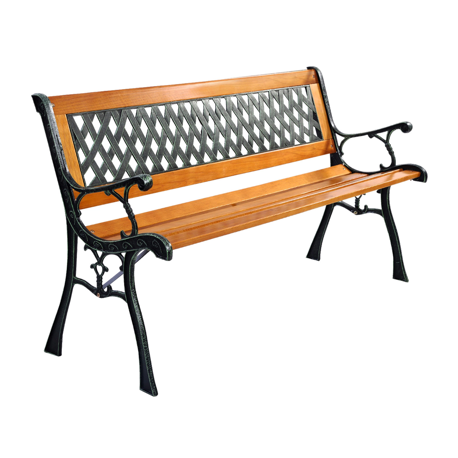 SUGIFT 3-Seat Lattice Back Natural Wood Slats Cast Iron Patio Bench 49.5-in x 20.5-in x 29-in 463-lb Capacity Black