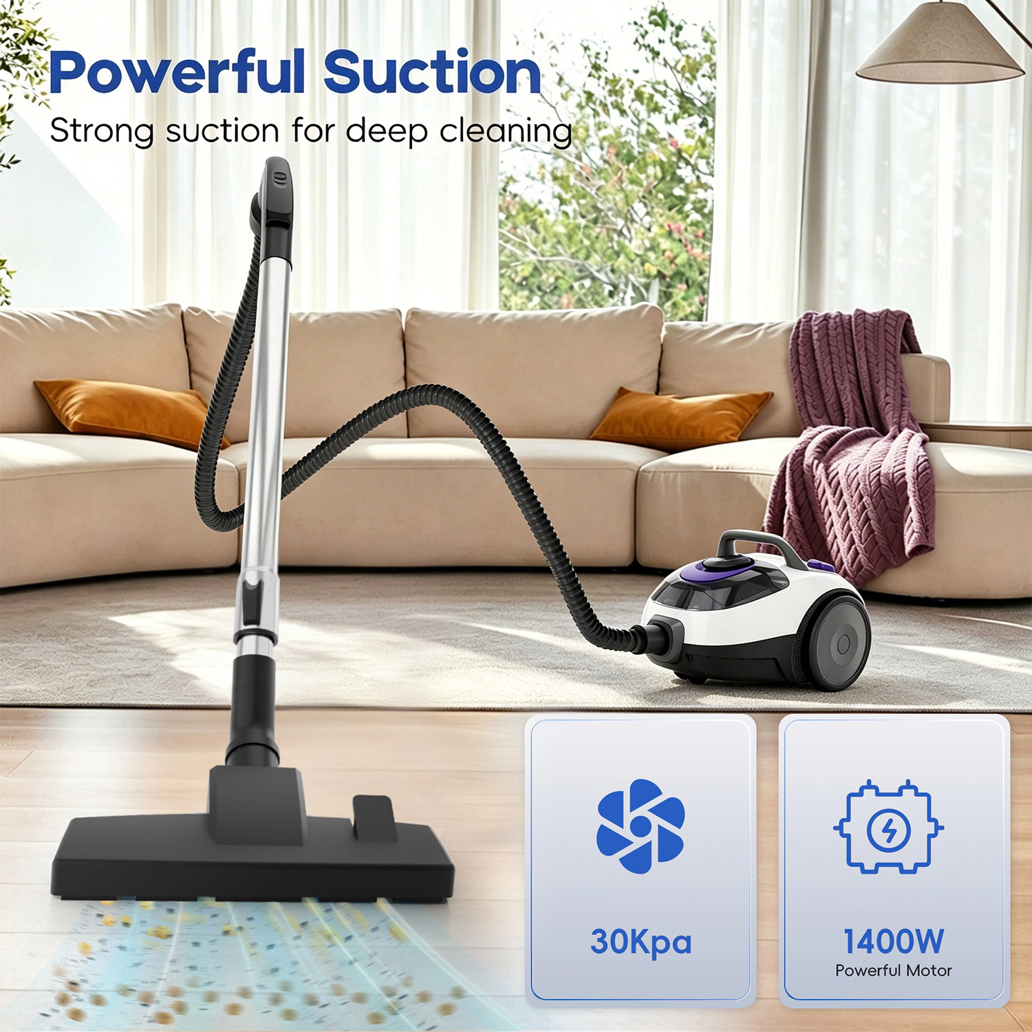 WHALL Bagless Canister Vacuum Cleaner,1400W Motor with Auto Cord Rewind & Multi‑Surface Cleaning Attachments