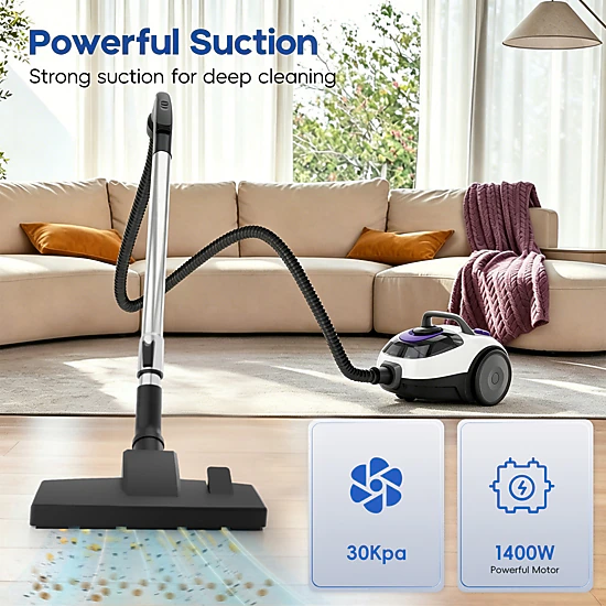 WHALL Bagless Canister Vacuum Cleaner,1400W Motor with Auto Cord Rewind & Multi‑Surface Cleaning Attachments