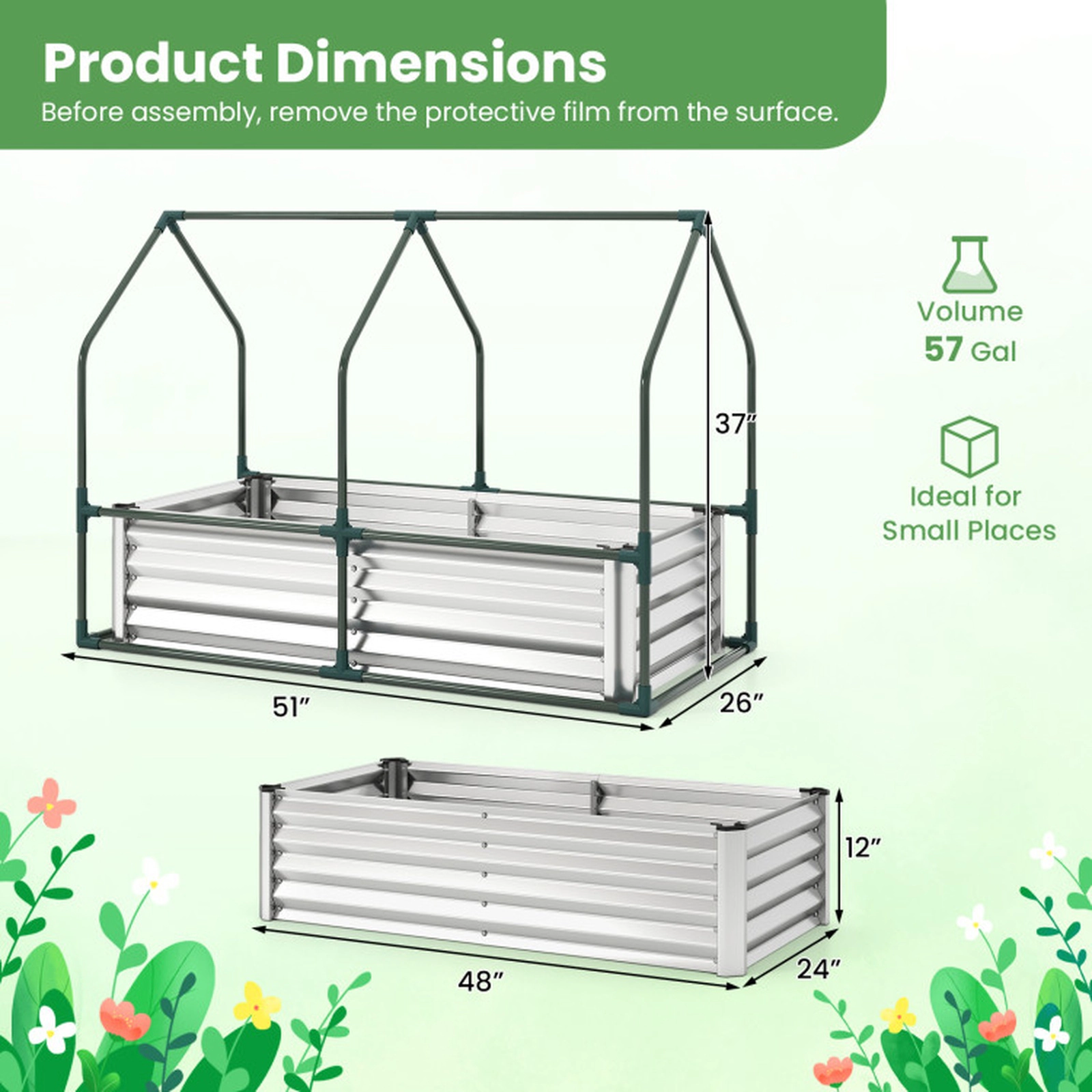SUGIFT 4-ft x 2-ft 57-gal Compact Galvanized Raised Garden Bed with Tear-Resistant PVC Greenhouse Cover