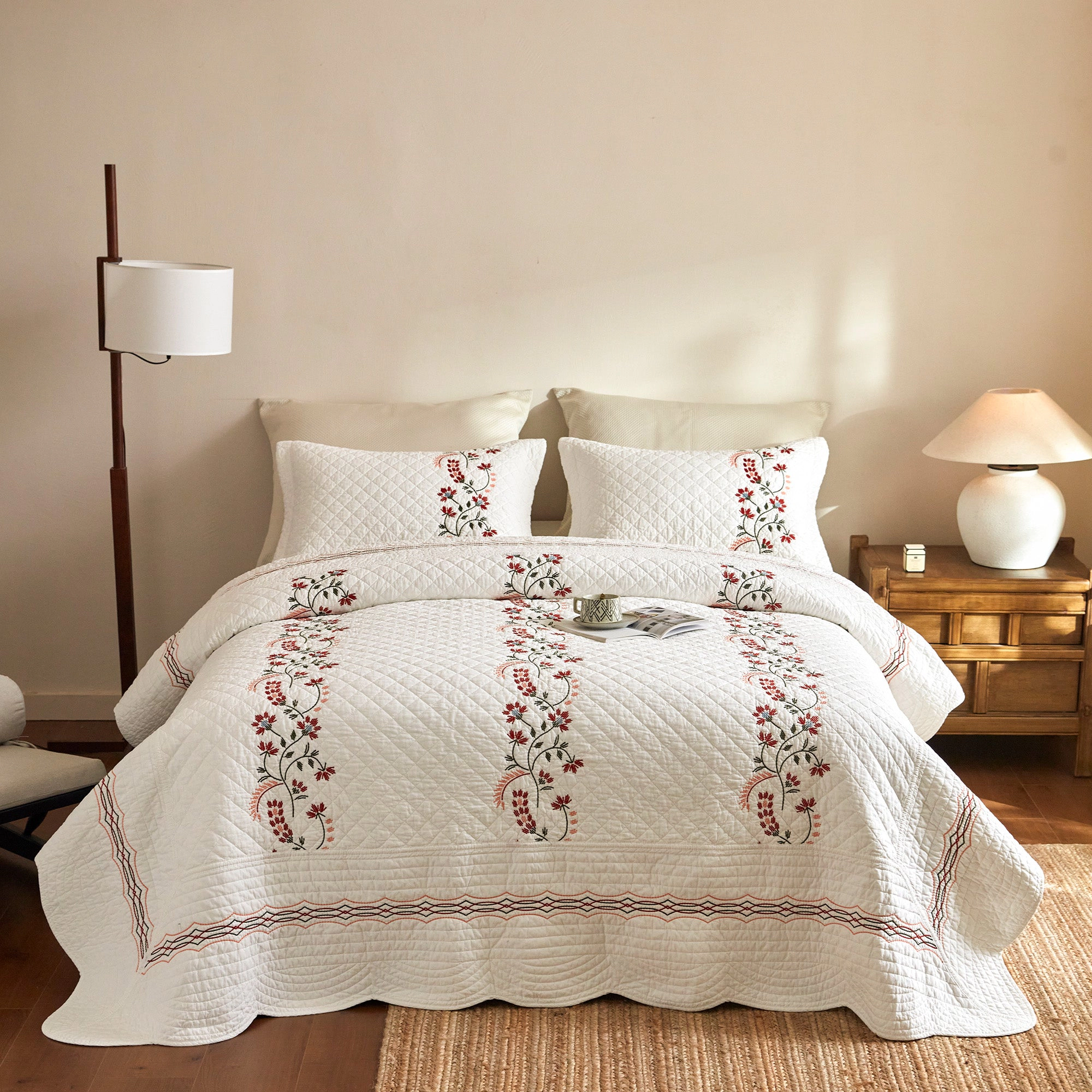 MarCielo 3 Piece 100% Cotton Embroidered Quilt Set – Farmhouse Bedspread Set