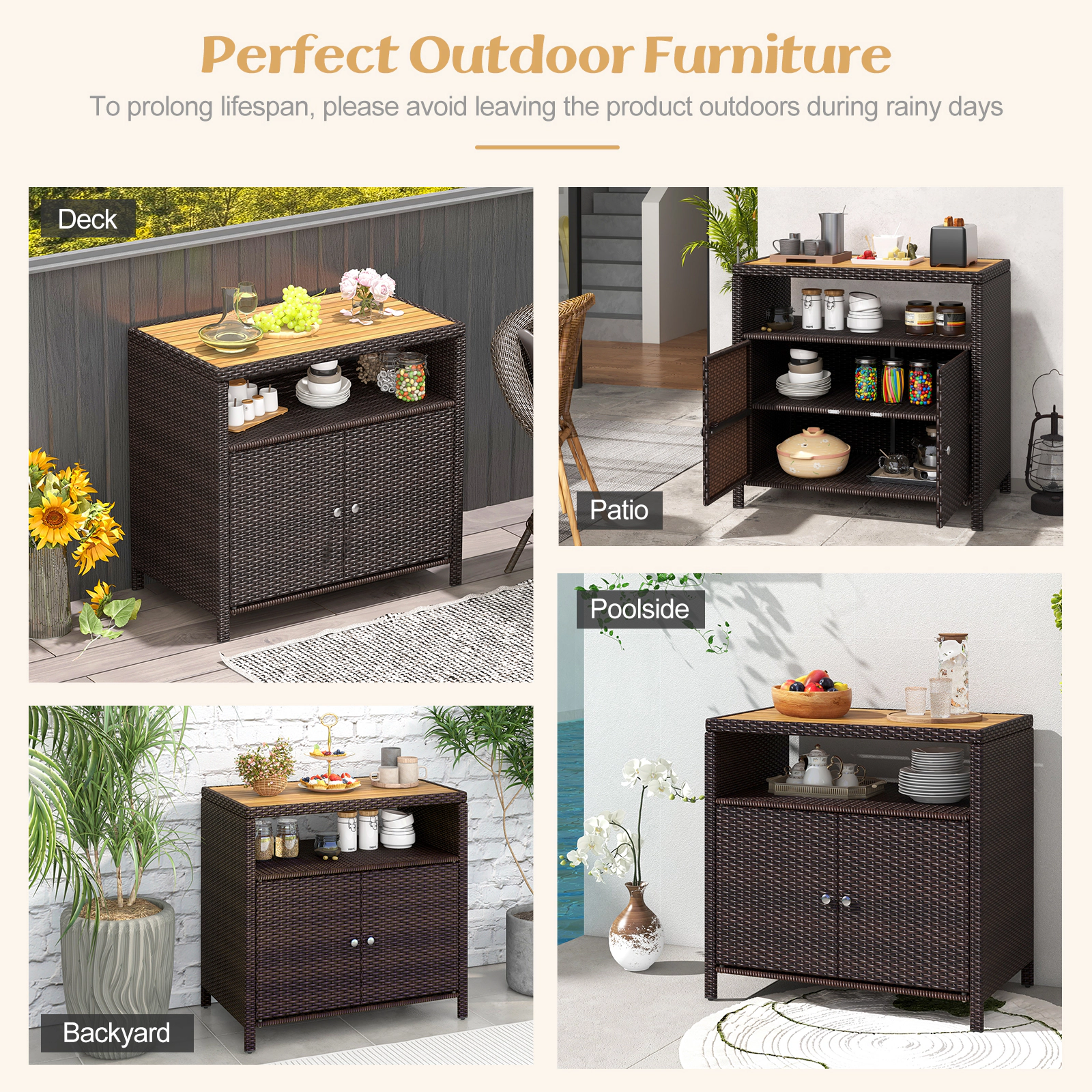 Glintex 35.5-Inch Outdoor Rattan Cabinet with Acacia Wood Countertop, Mixed Brown + Natural