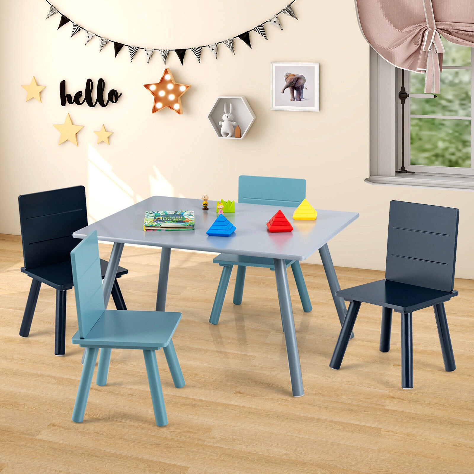 SUGIFT 5-Piece Kids Activity Table and 4 Chairs Set with Building Blocks, Blue