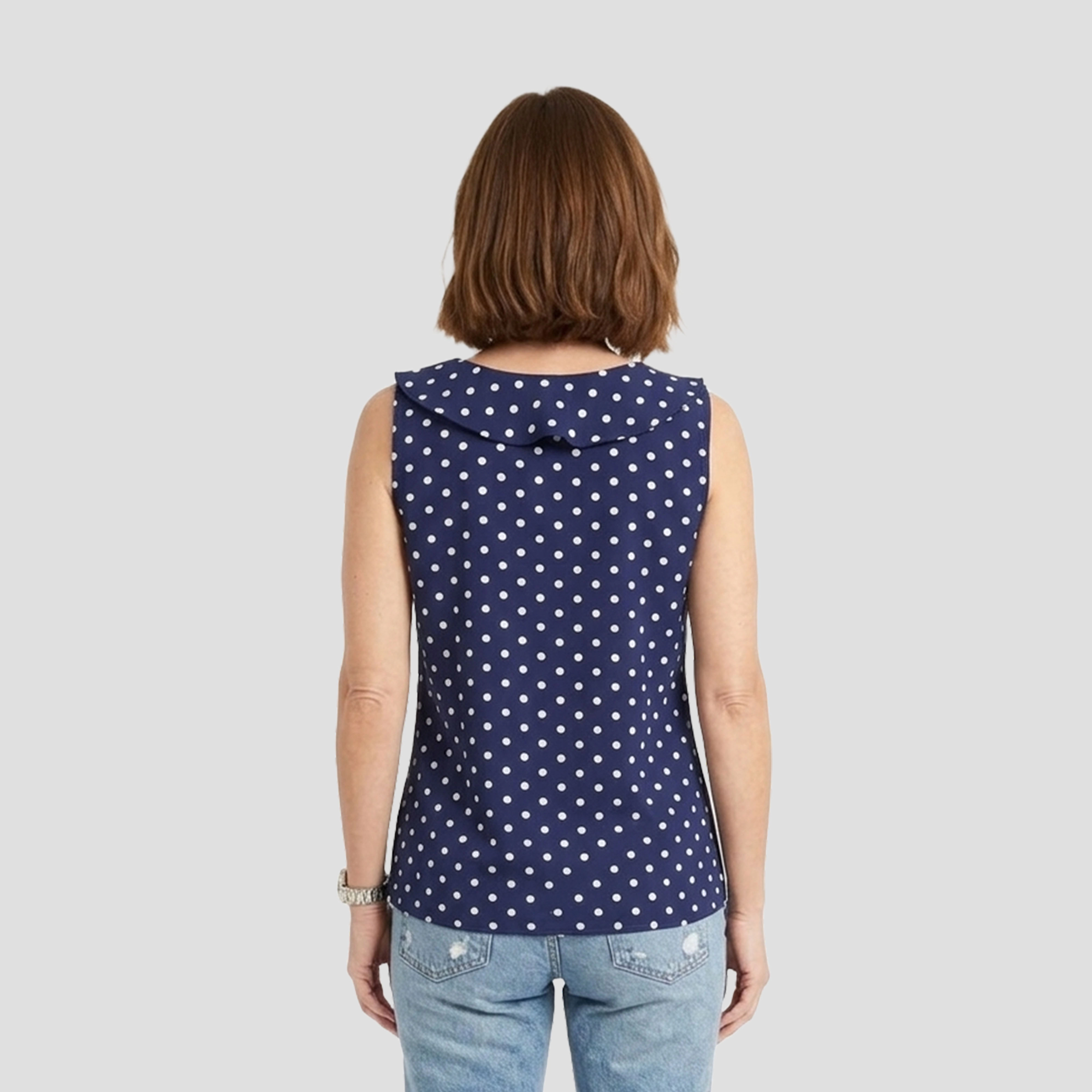 Artyska Women’s Sleeveless Polka Dot Ruffle Front Blouse