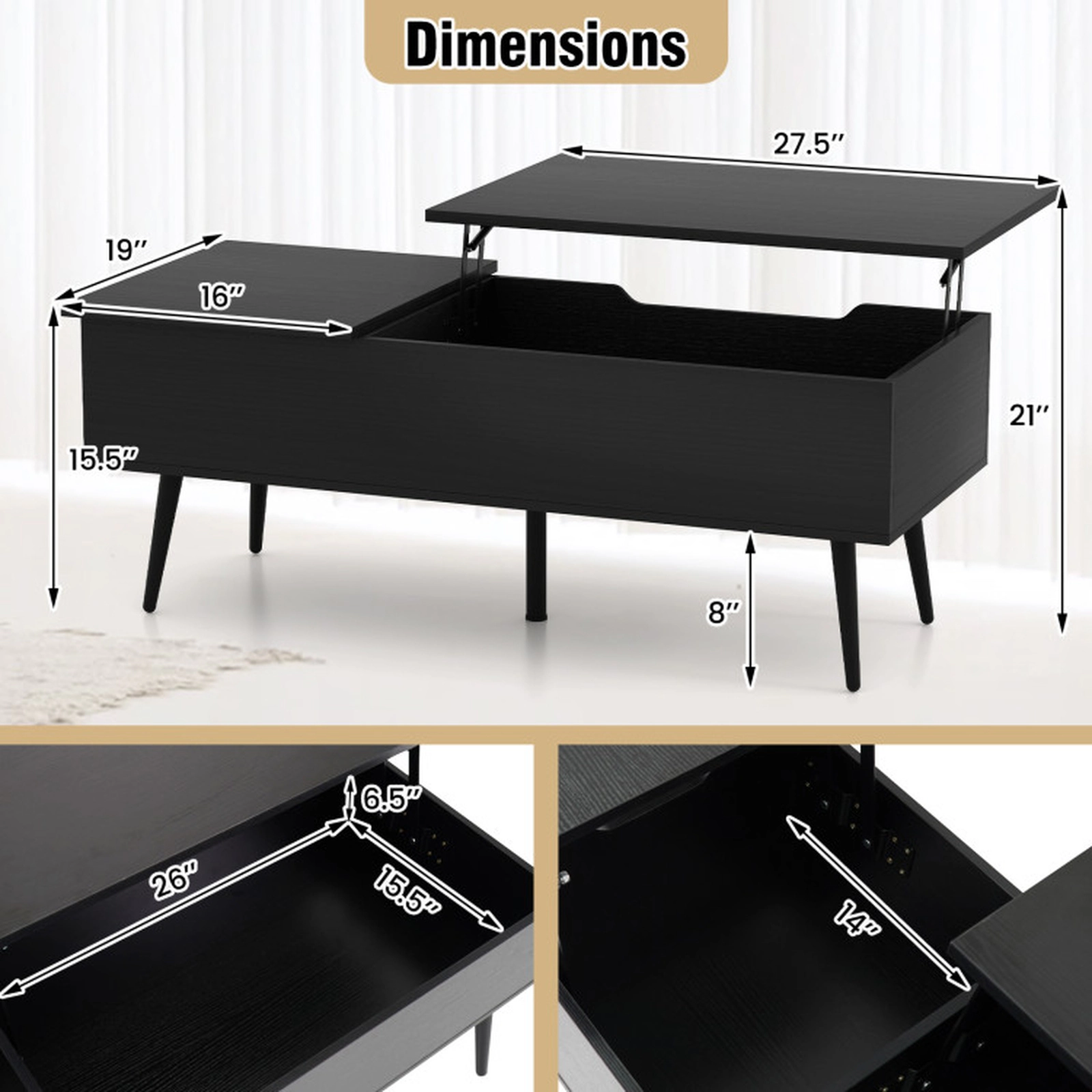 SUGIFT Split Lift Top 2 Hidden Compartments Pneumatic Coffee Table 47-in x 19-in x 16.5-in 132-lb Capacity Black
