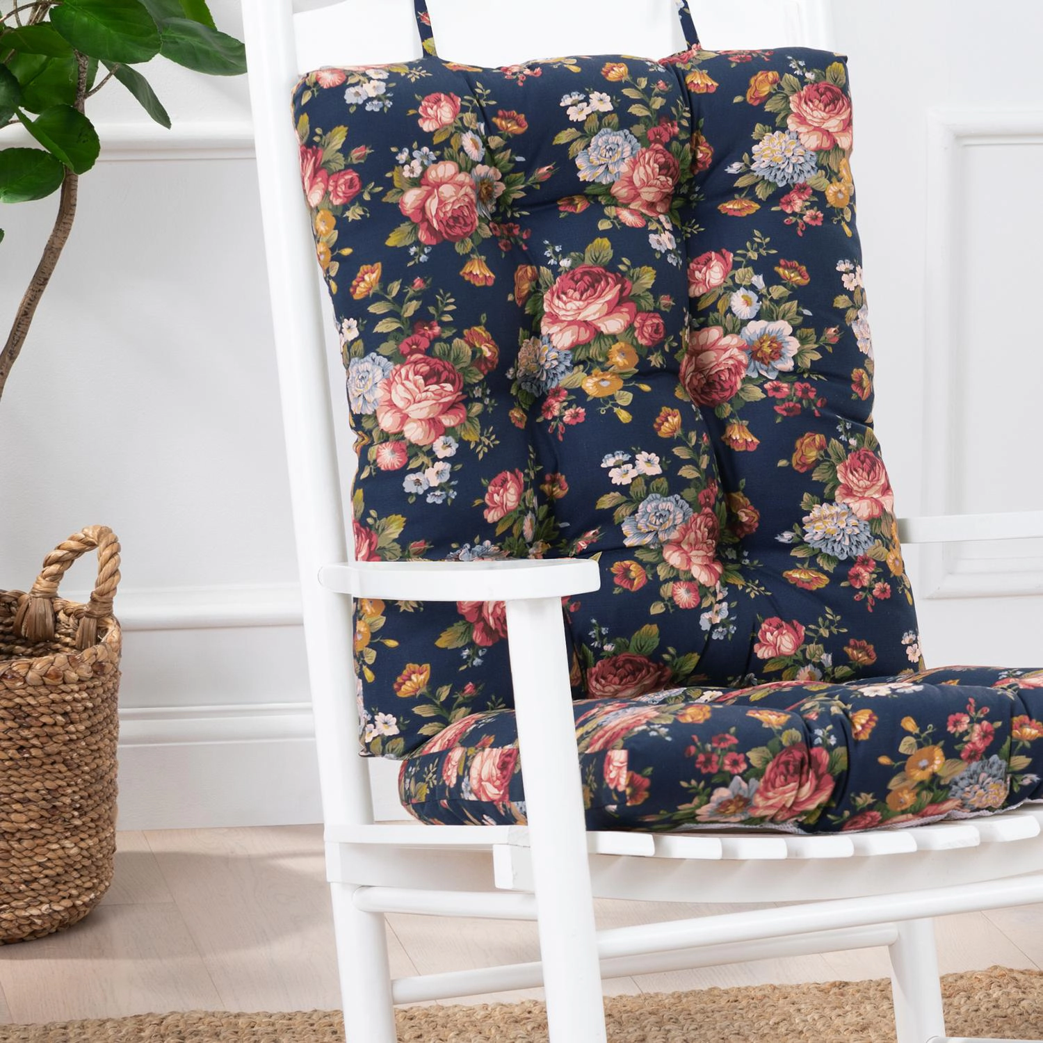 Ellis Bella Rose Stylish Medium Scale Printed Floral Pattern Ties to Secure Rocker Set 18"x24" Navy