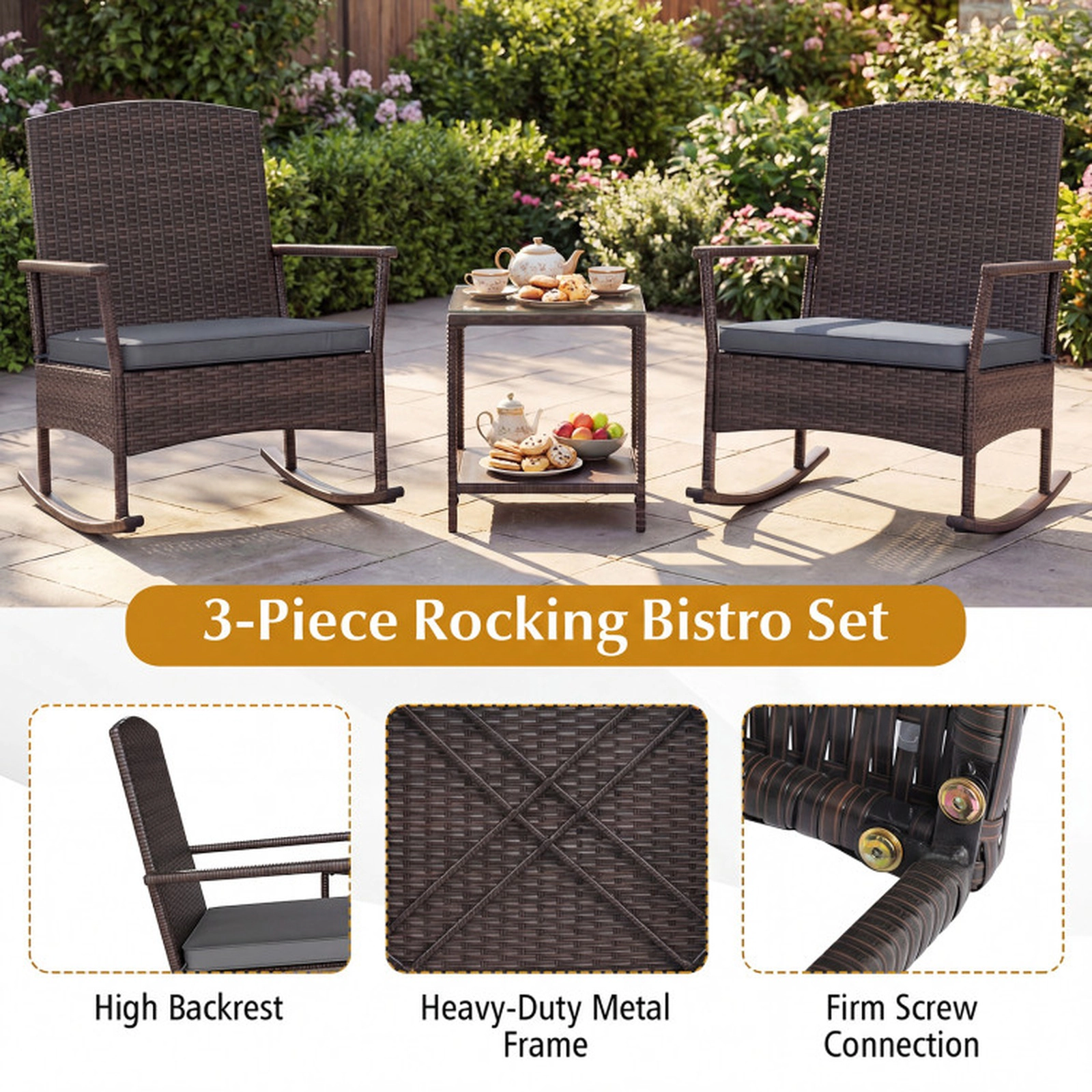 SUGIFT 3-Piece Gray Patio Wicker Rocking Chair Set with 2-Tier Side Table 13.5-in Seat H 400-lb Chair Capacity