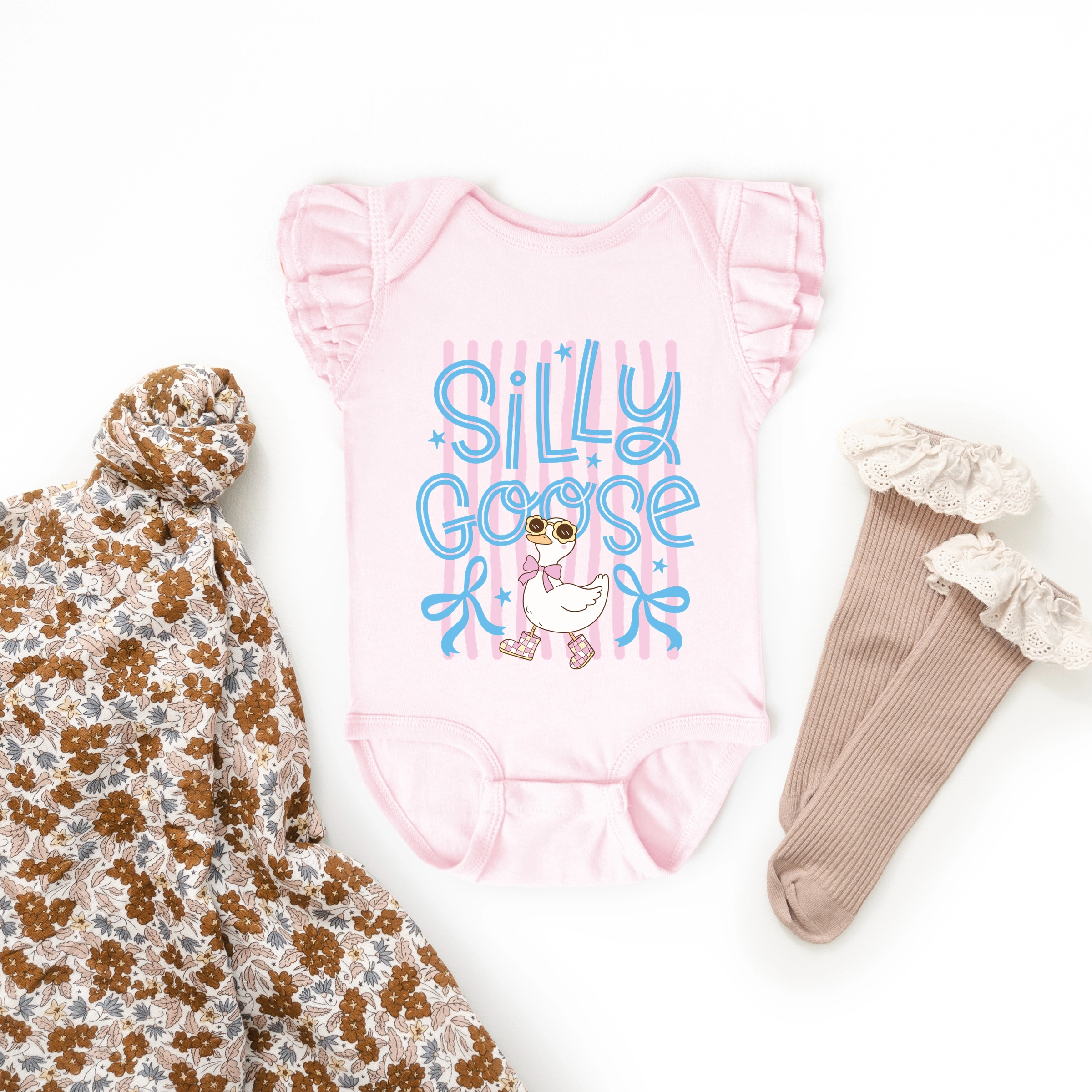 The Juniper Shop - Silly Goose Stripes Baby Girl's Flutter Sleeve Bodysuit