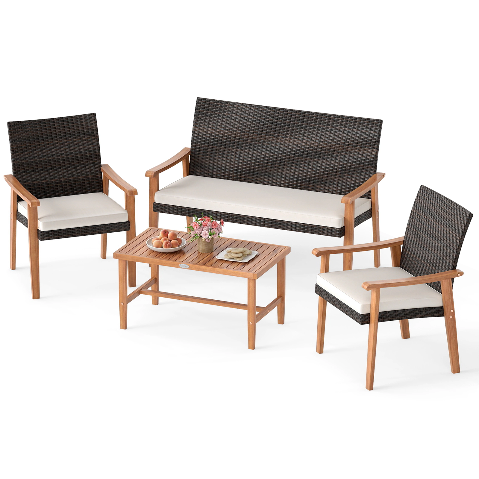 LJG 4 Piece Patio Furniture Set PE Rattan Porch Chairs with Acacia Wood Coffee Table and Soft Cushions