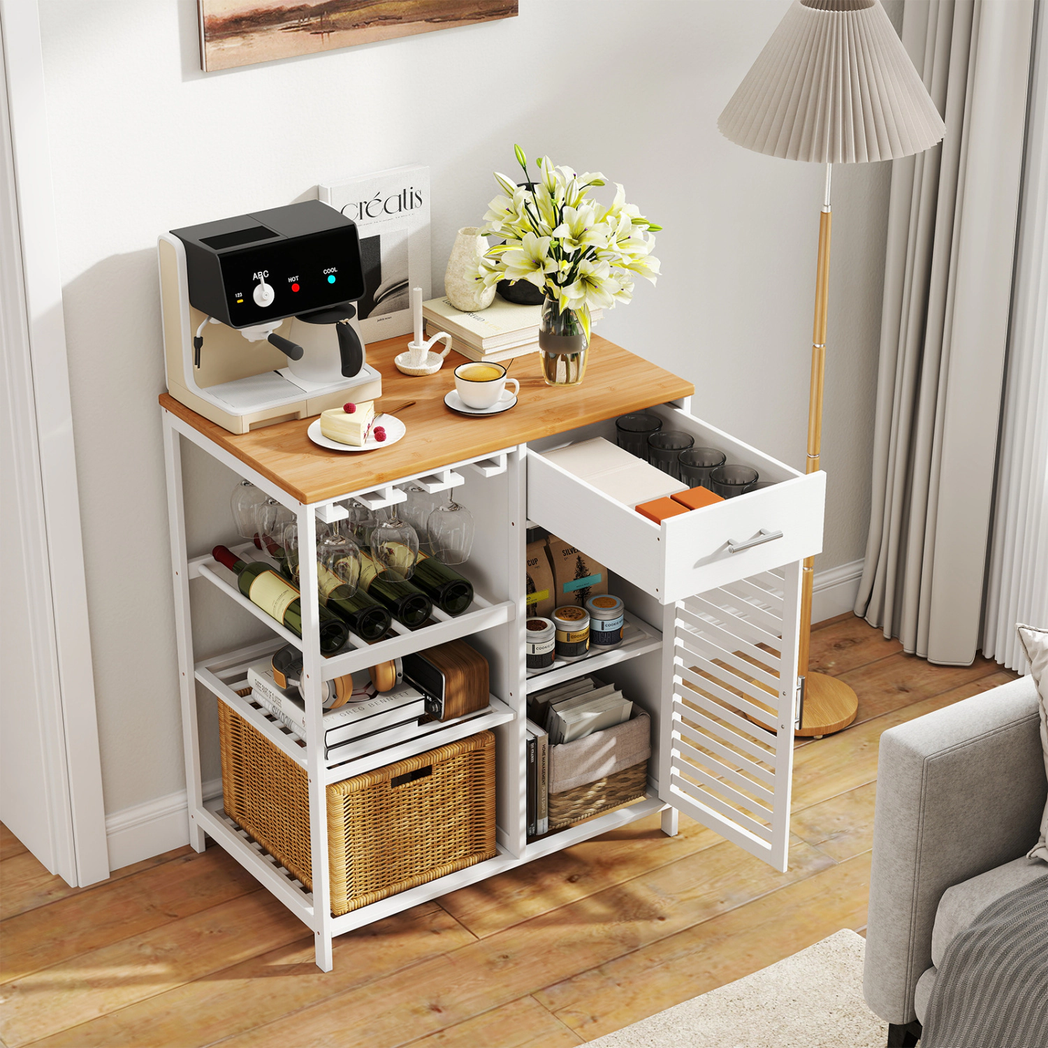 LJG Coffee Bar Cabinet with Glass Holder Wine Rack and Bamboo Top