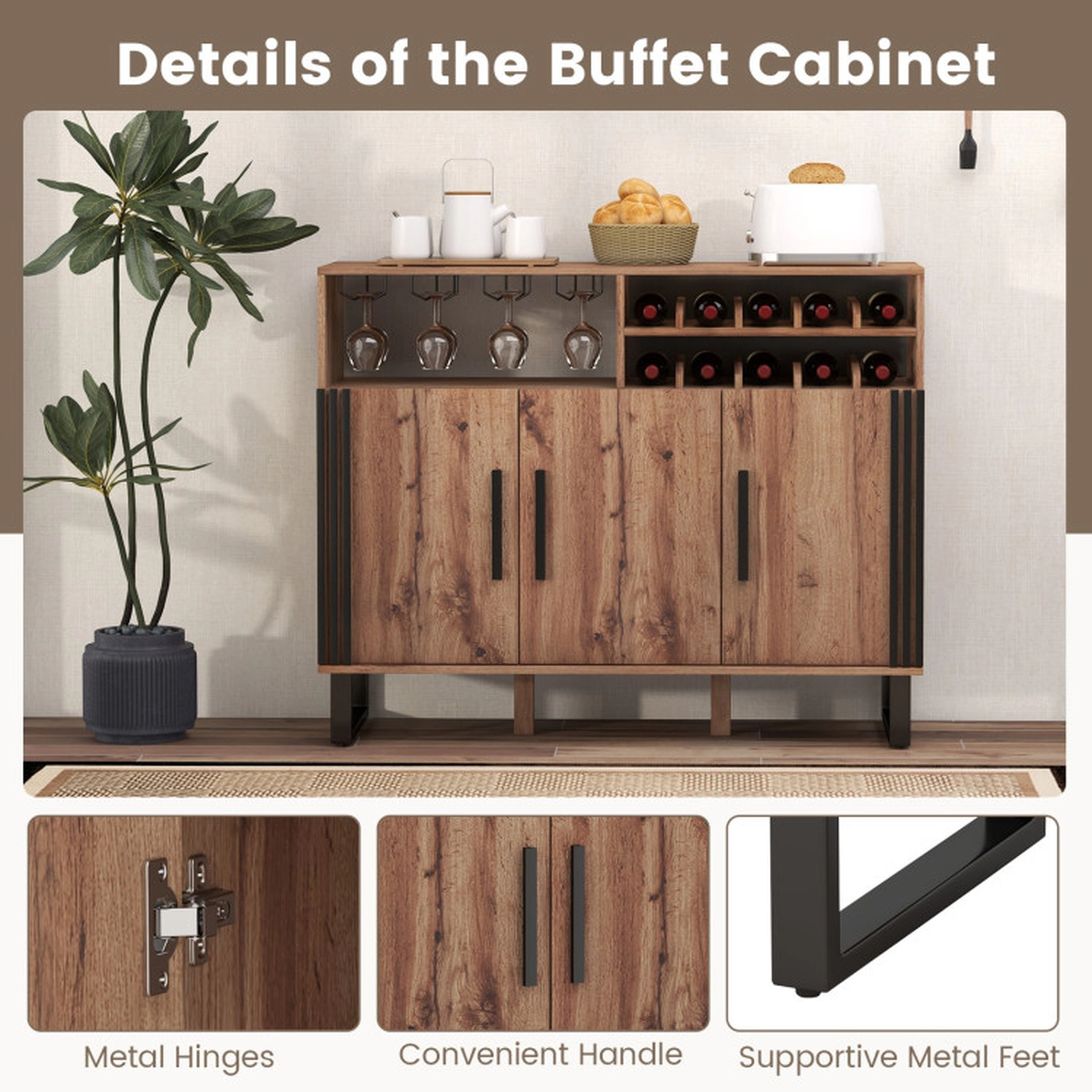 SUGIFT 3-Door 2-Tier Wine Rack 4-Row Glass Holder Home Bar Cabinet 47-in x 16-in x 37.5-in 110-lb Capacity Brown