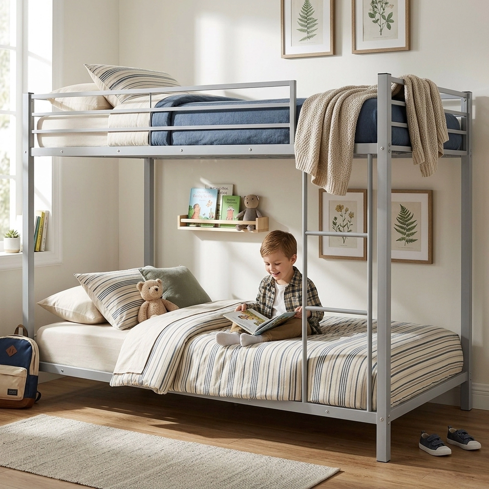 SUGIFT Twin-Over-Twin Low-Profile Metal Bunk Bed, Silver