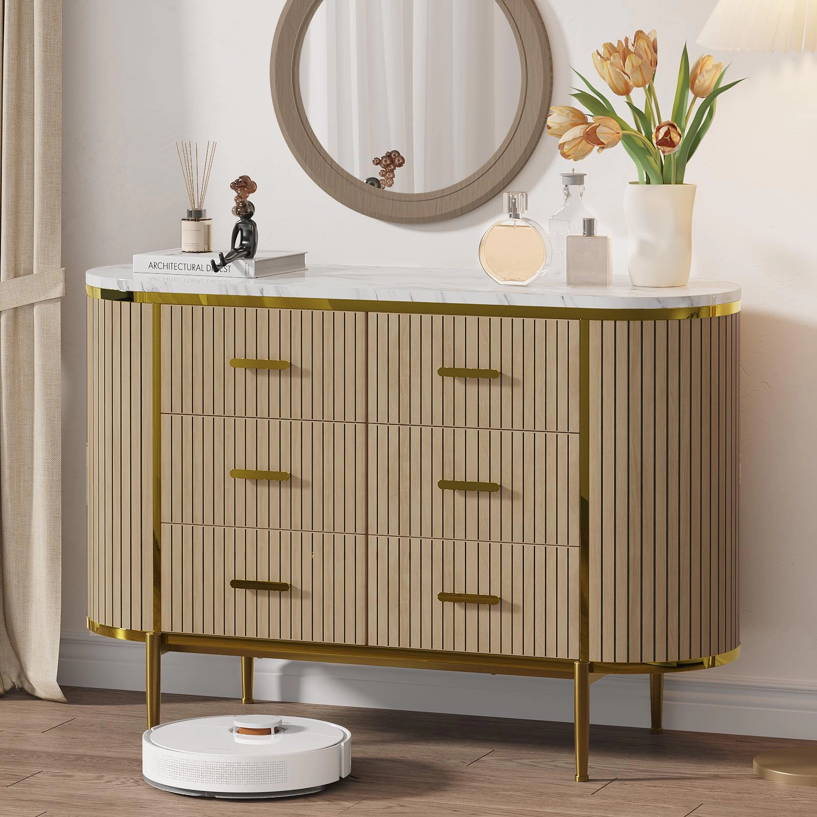 47.2" Fluted 6 Drawer Dresser, Mid Century Modern Wood Chest with Curved Design & Gold Handles