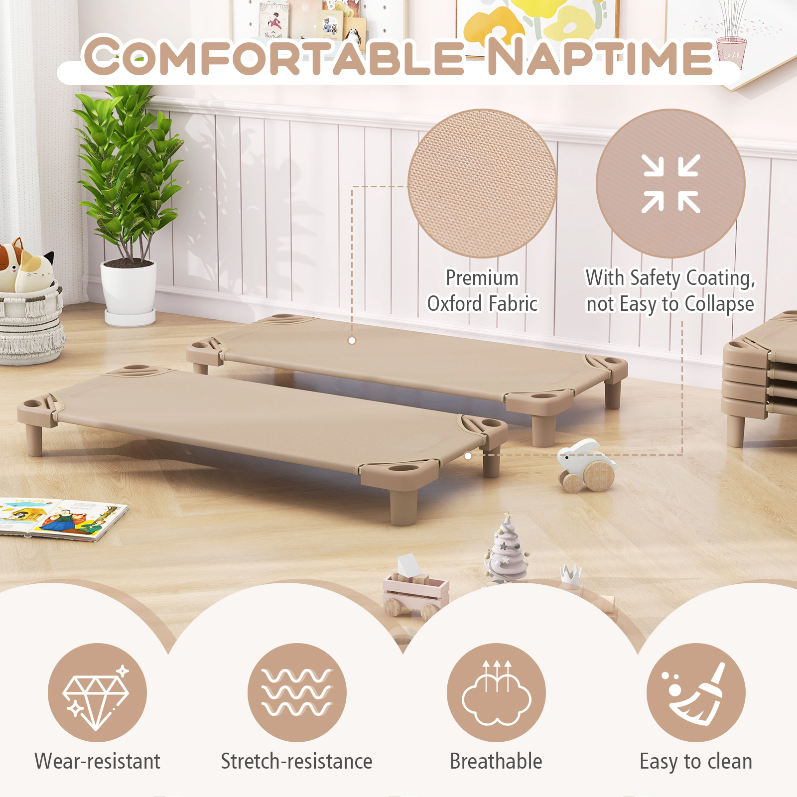 SUGIFT Stackable Kids Daycare Cot Pack of 6 Toddler Beds Detachable Oxford Fabric 132-lb Capacity Ages 3-6 51-in Beige