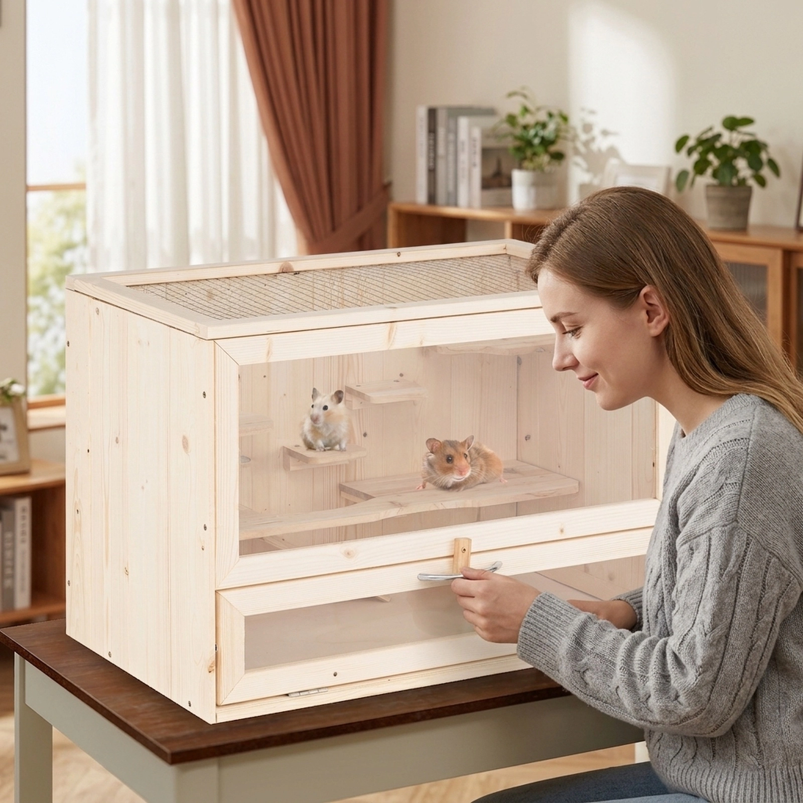 23.5-in Wooden Hamster Cage Mesh Flip Roof Fir Wood and Acrylic Small Animal Habitat Ladder Shelf Storage Rack Natural