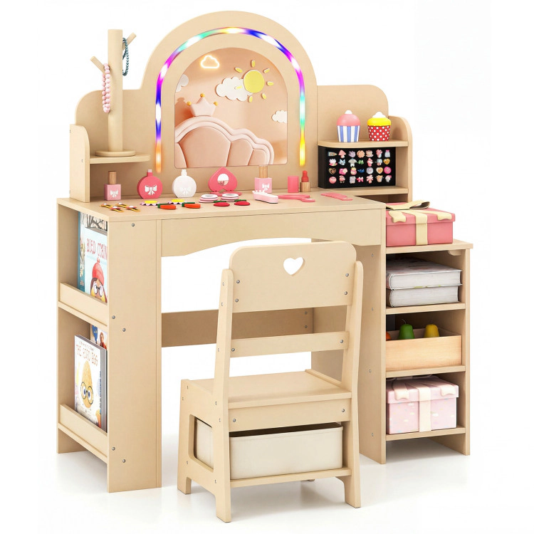 Hivvago Kids Vanity Set With Colorful Led Lights Princess Makeup Dressing Table Chair
