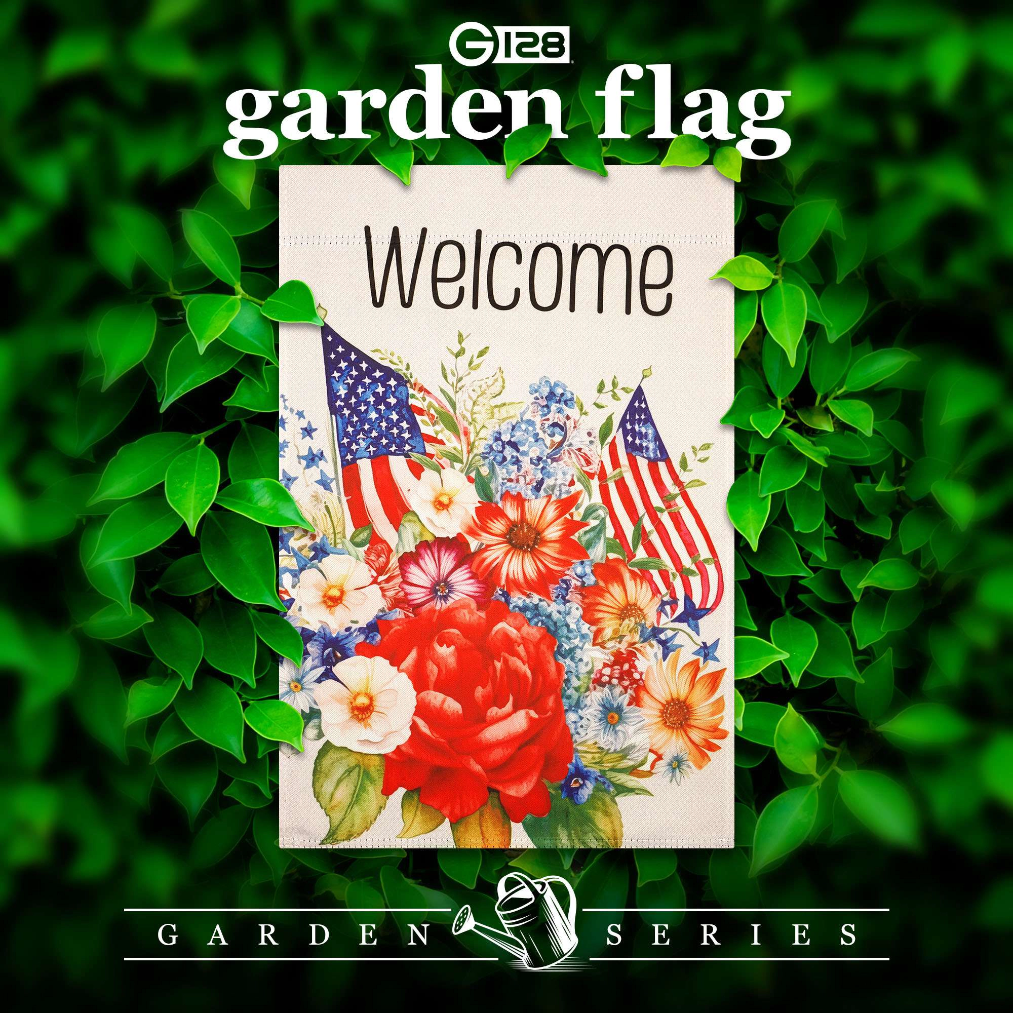 G128 12x18 in Double-Sided Patriotic Welcome Garden Flag - Red White Blue Floral