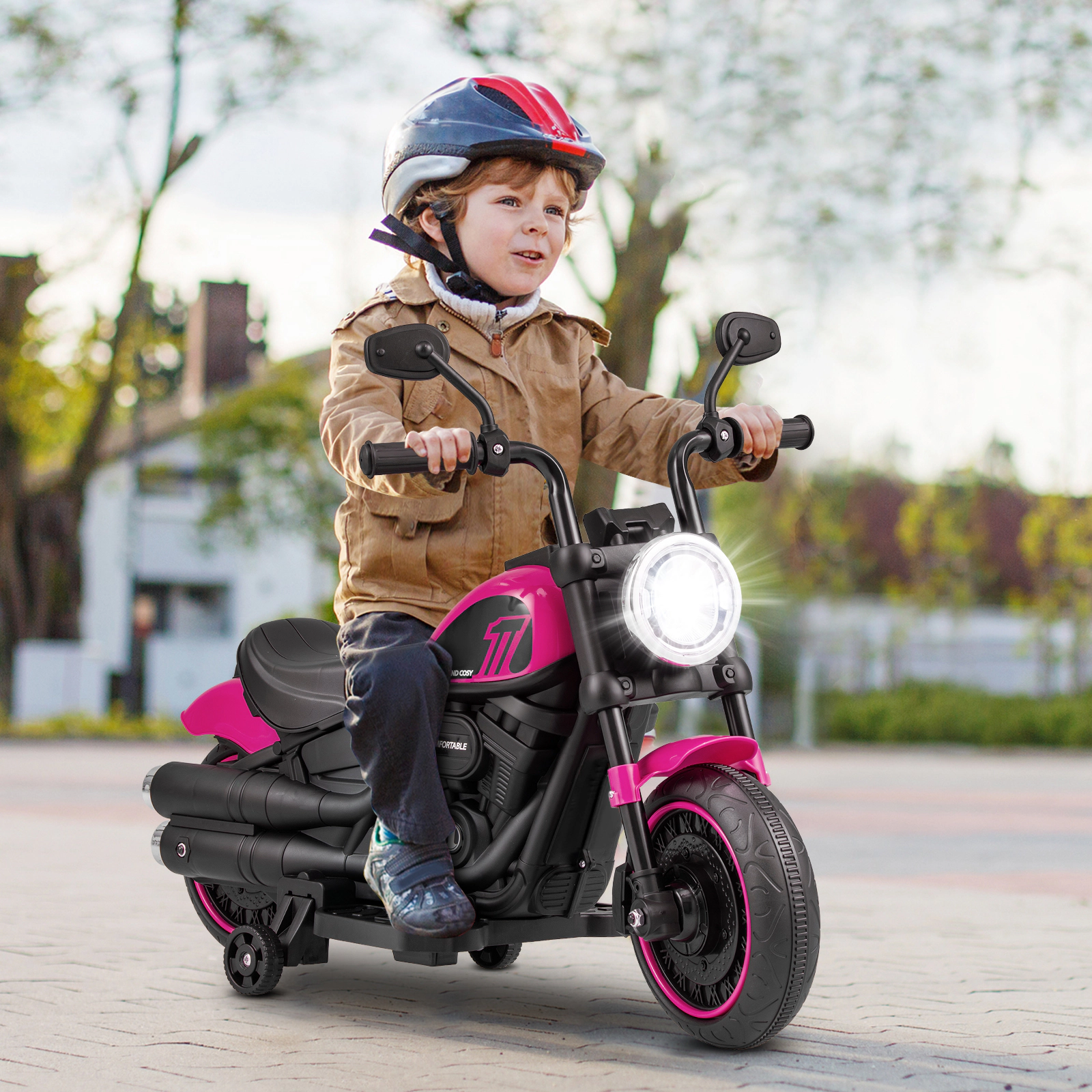 Toddler Electric Motorcycle Removable Training Wheels Slow Start LED Headlight 6V 18 Months+ 55-lb Capacity Pink