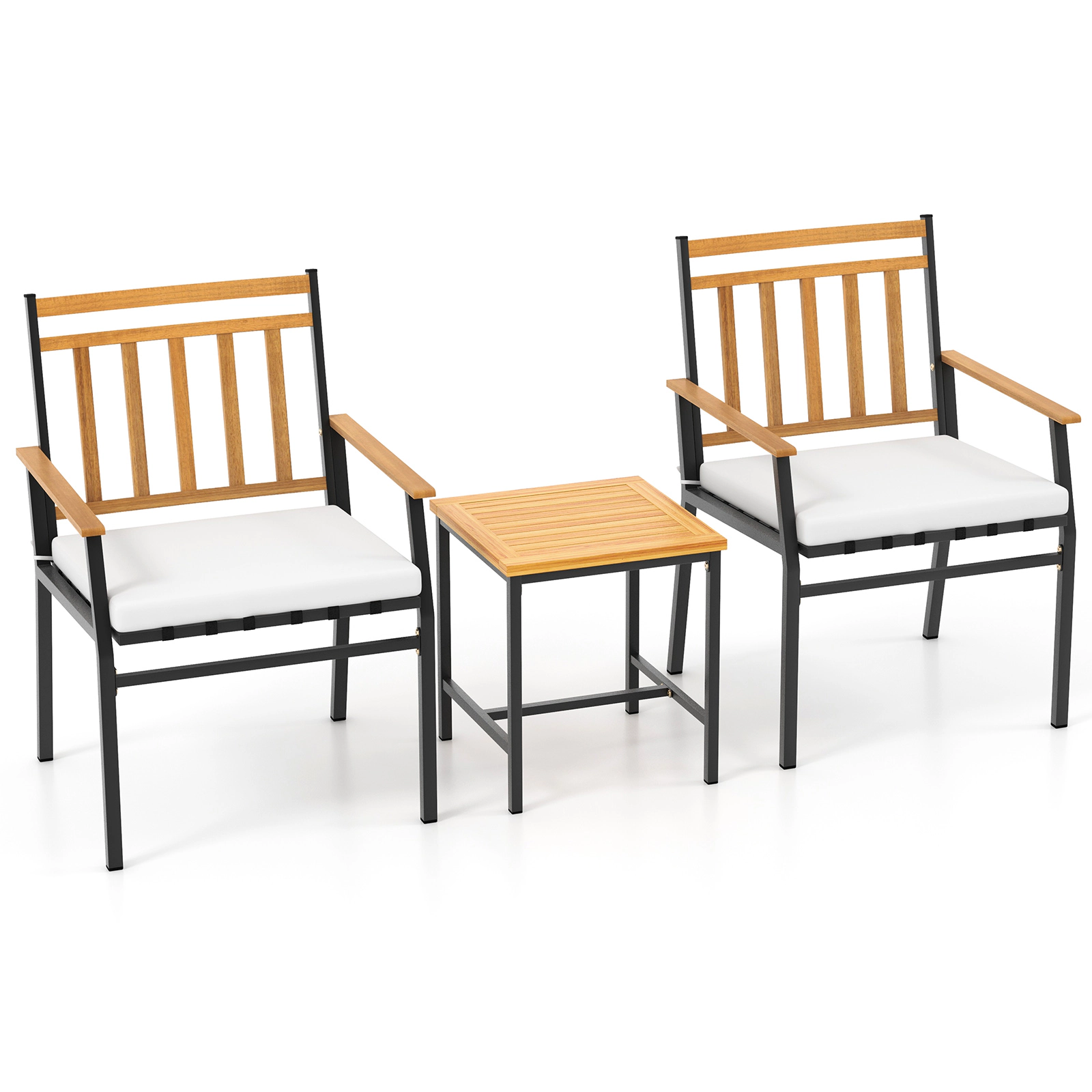 SUGIFT 3-Piece Off-White Acacia Wood Patio Conversation Set with Cushioned Chairs