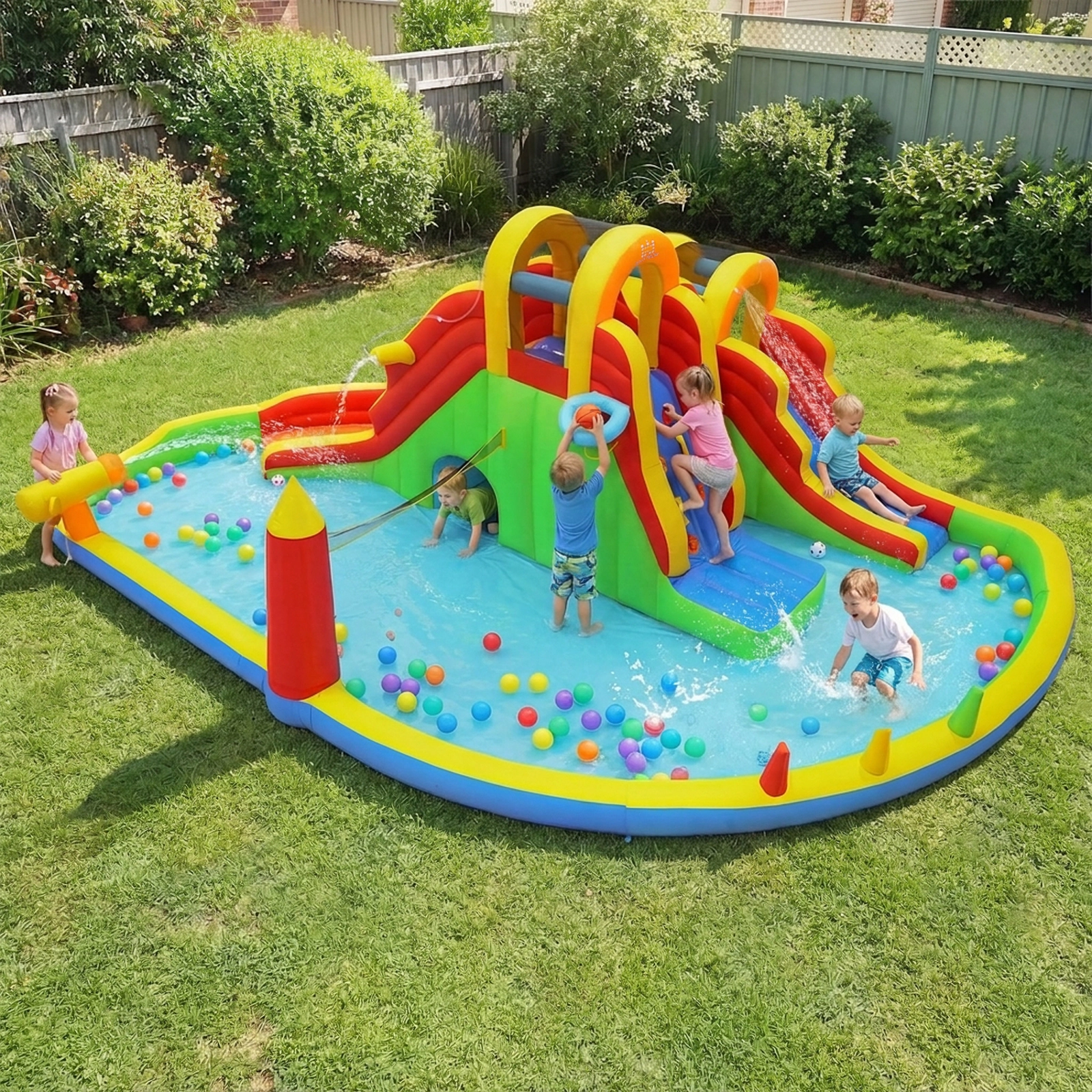 SUGIFT 2 Long Slides Ball Games and 750W Air Blower Included Kids Inflatable Water Slide Park