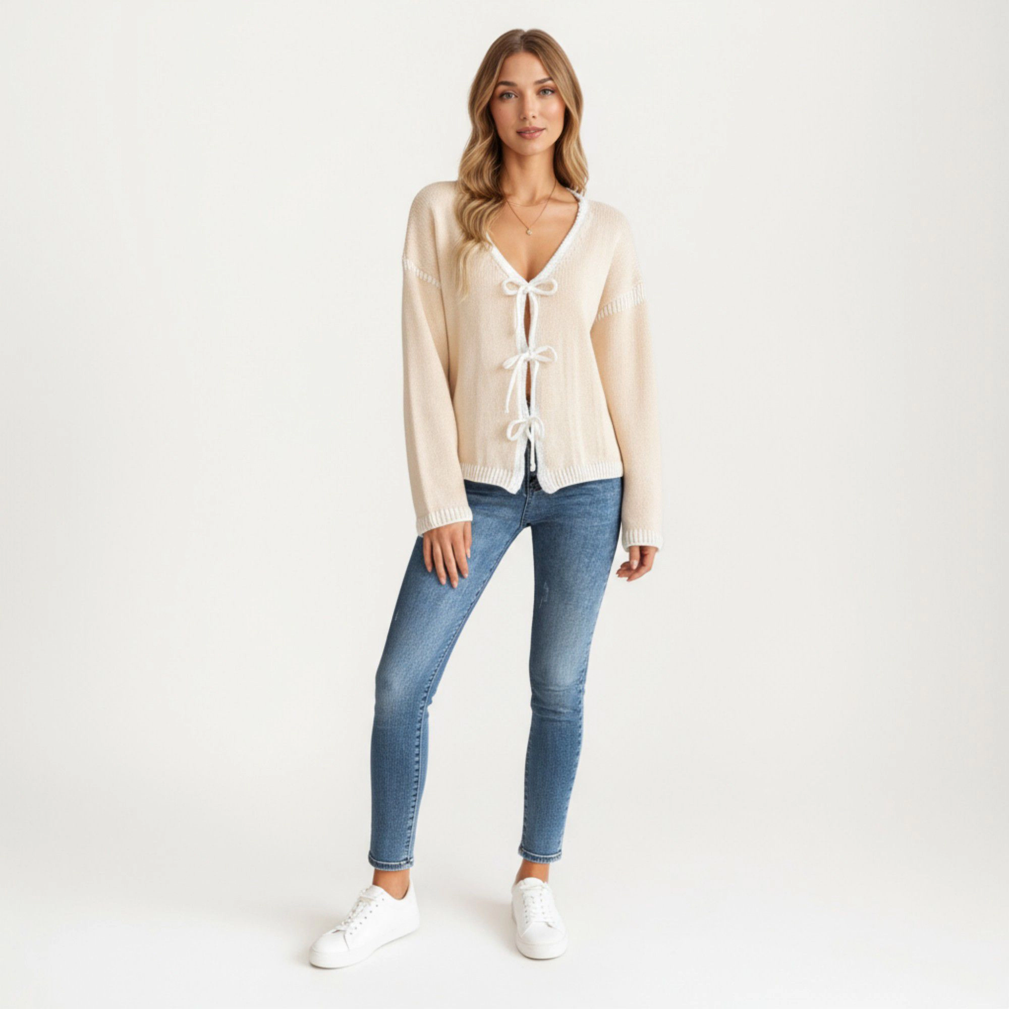 Anna-Kaci Women's Knit Cardigan with Front Tie Closures and Contrast Trim