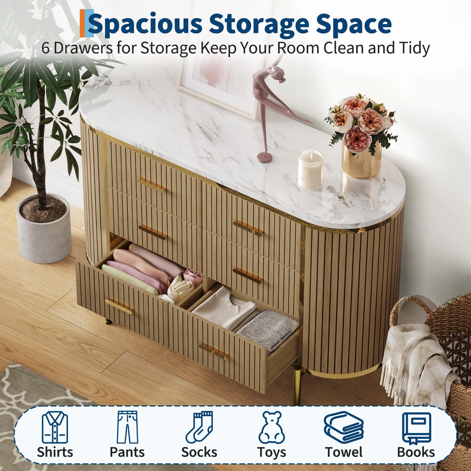 47.2" Fluted 6 Drawer Dresser, Mid Century Modern Wood Chest with Curved Design & Gold Handles