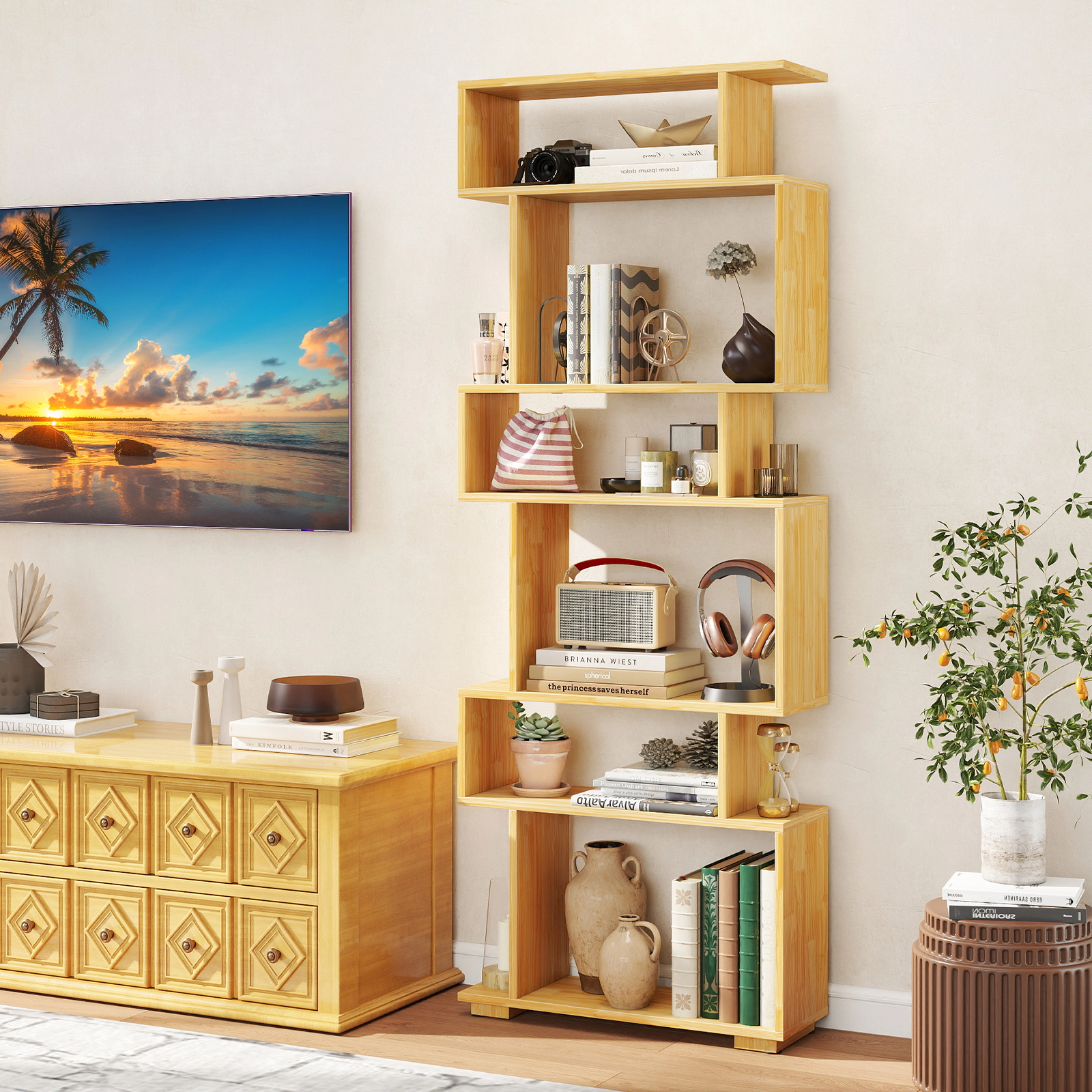SUGIFT Wood 6-Tier Geometric S-Shaped Bookshelf 64 in with 2 Anti-Tipping Kits