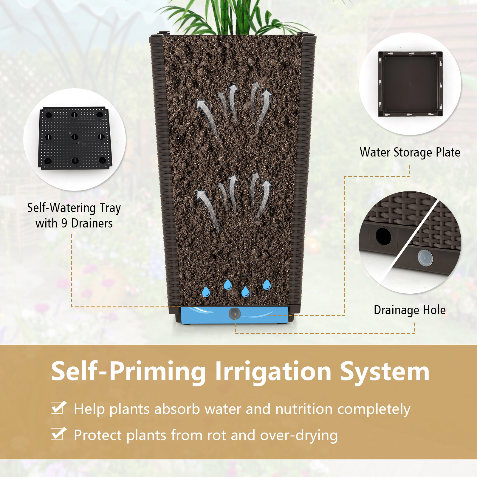 SlickBlue Set of 2 Tall Wicker Planters with Self Watering System for Outdoor Use