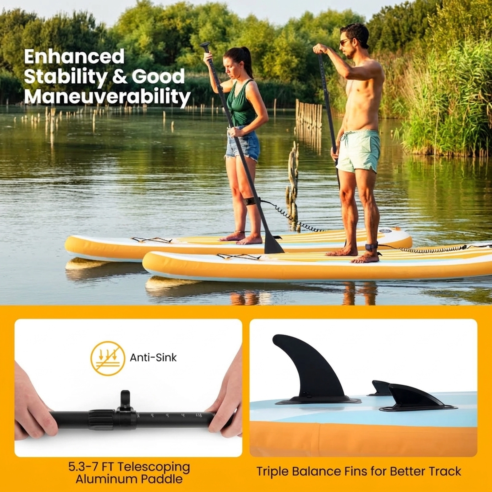 SUGIFT Inflatable Stand Up Paddle Board Water Toy with Adjustable Paddle and 3 Fins 350-lb Capacity 1-Person Blue+Yellow