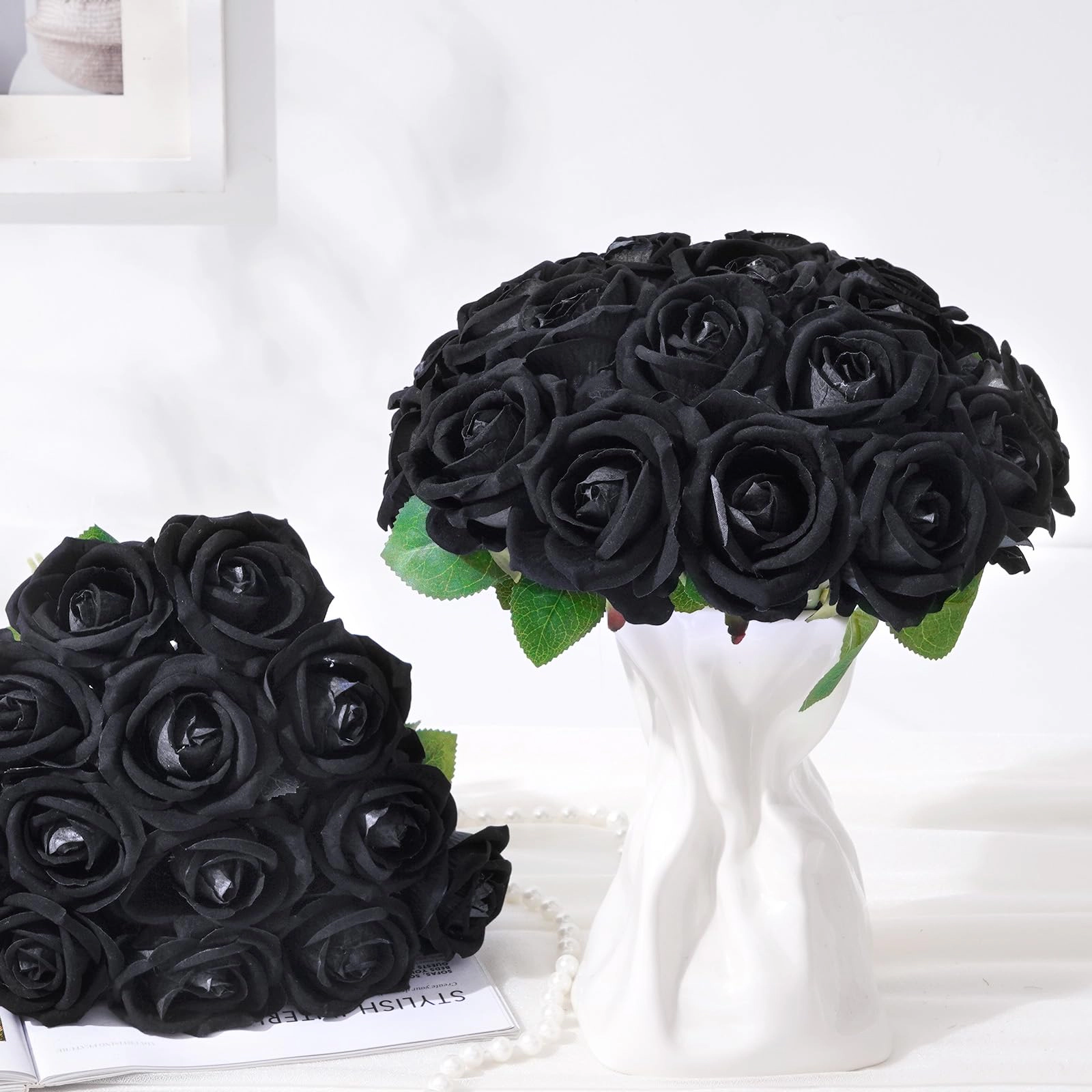 PUPWE 50White Roses Artificial Flowers  Real Touch Bouquet