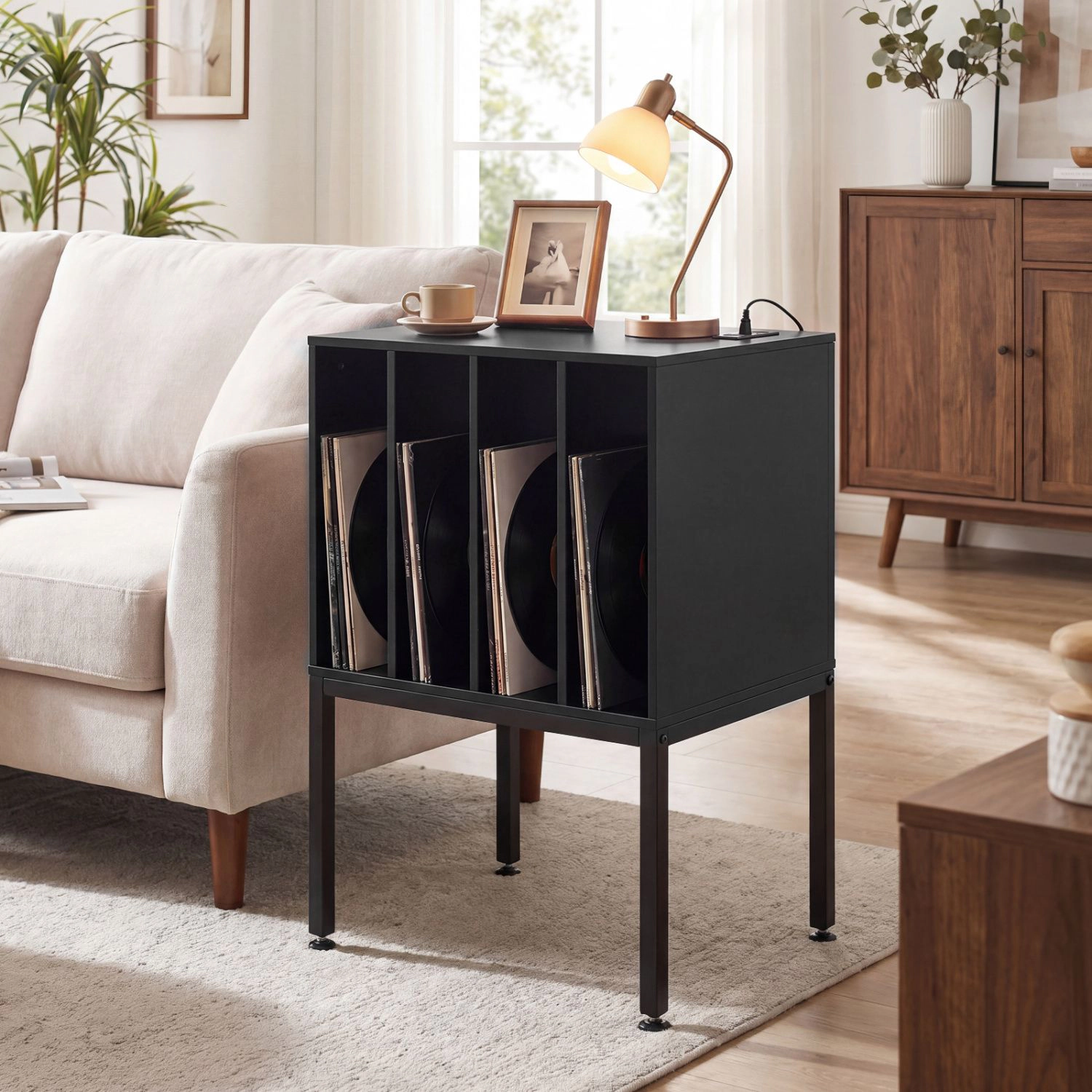 SlickBlue Record Player Stand with Vinyl Storage and Charging Station