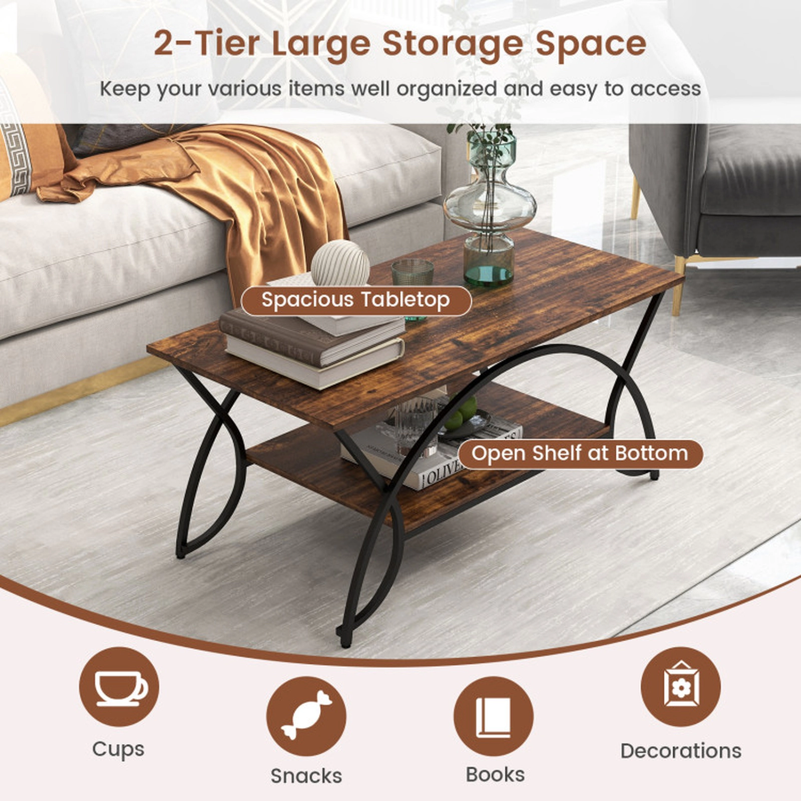 SUGIFT 2-Tier Arched Steel Frame Wood Grain Top Coffee Table 39.5-in x 19.5-in x 18-in 110-lb Capacity Rustic Brown