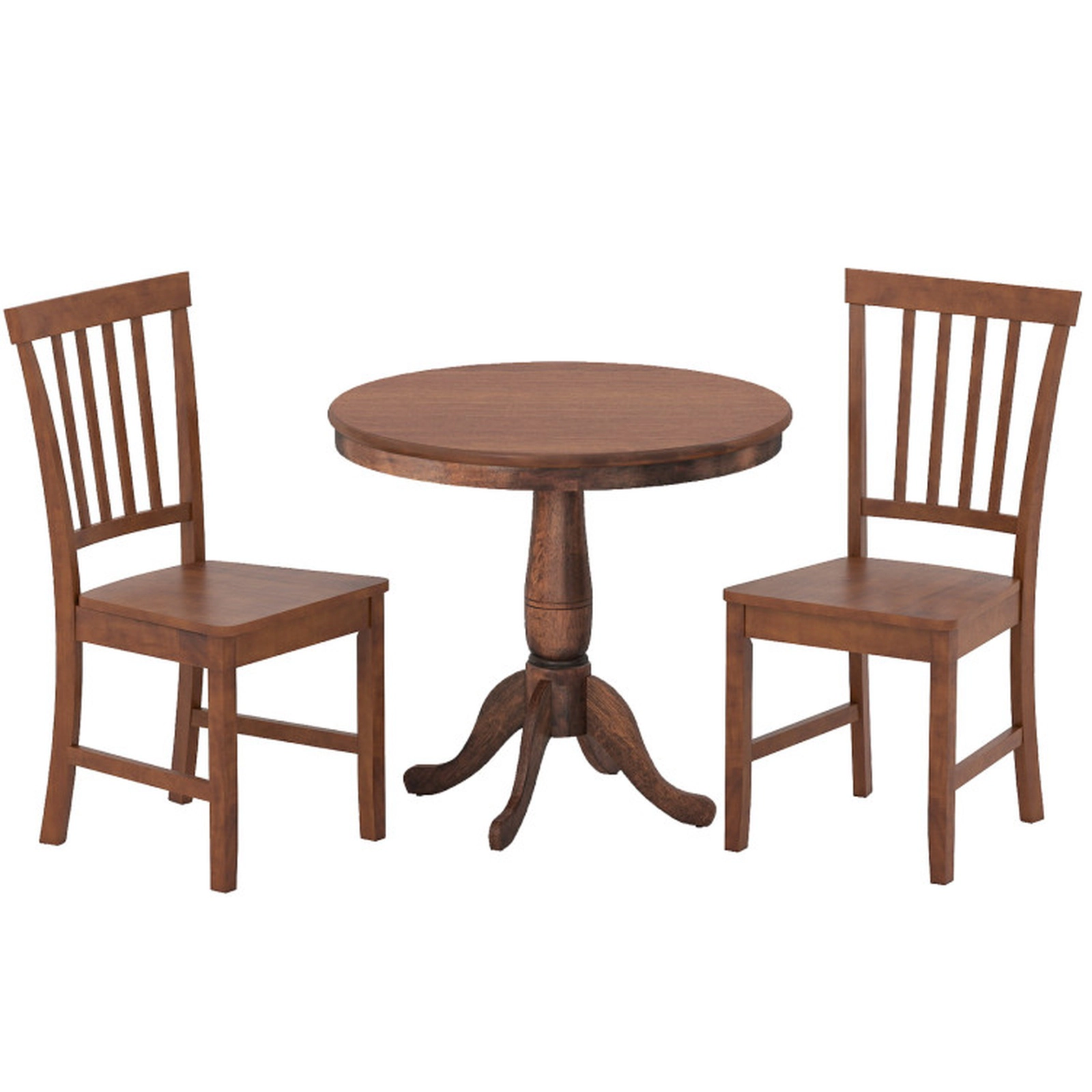 SUGIFT 3-Piece Rubber Wood Slat Back 2 Chairs Pedestal Table Dining Set 32-in Dia x 30-in H 220-lb Capacity Walnut