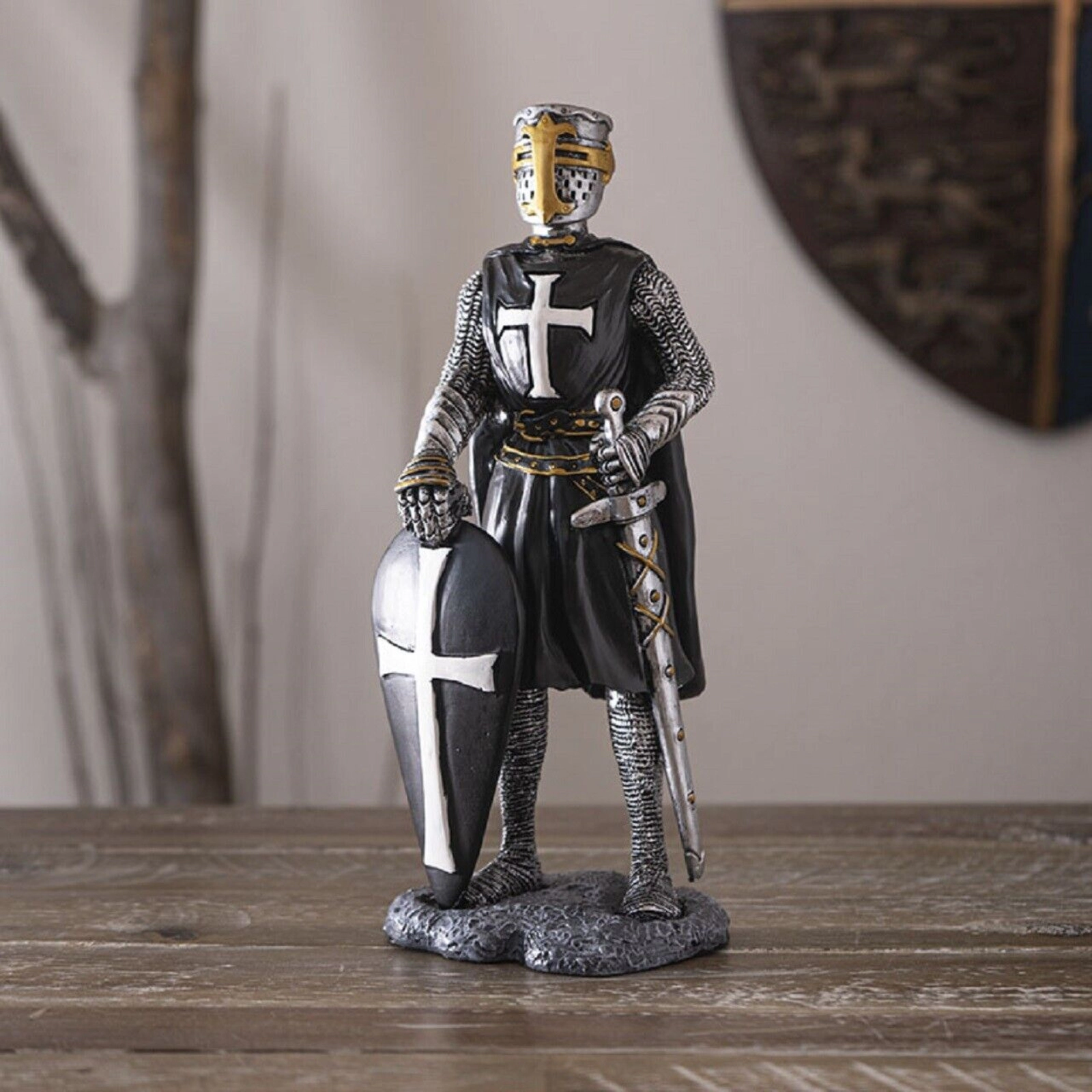 Pacific Giftware Crusader Knight with Shield Figurine 8 Inch Black