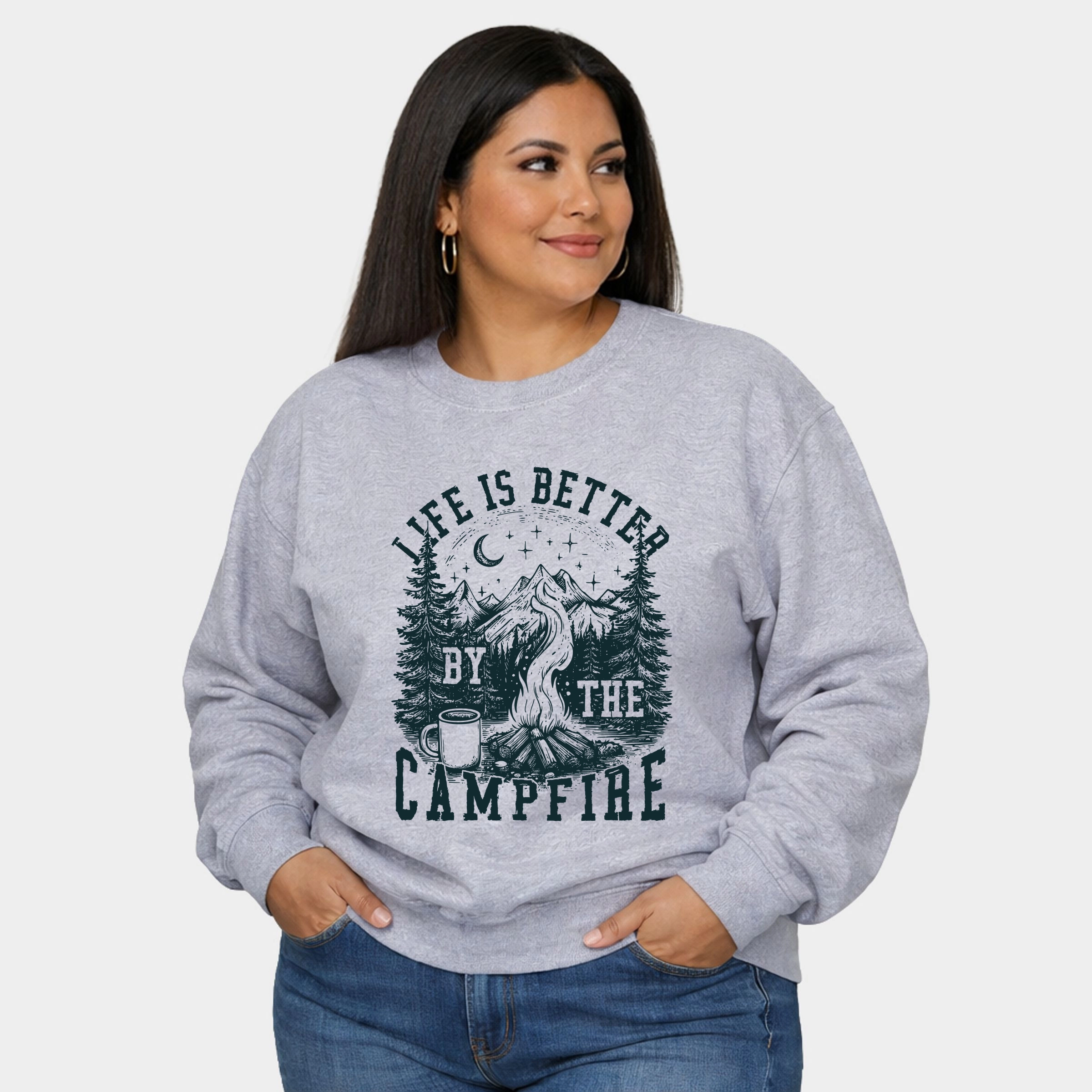 Simply Sage Market - Women's Plus Sized Graphic Sweatshirt Life is Better by the Campfire Forest