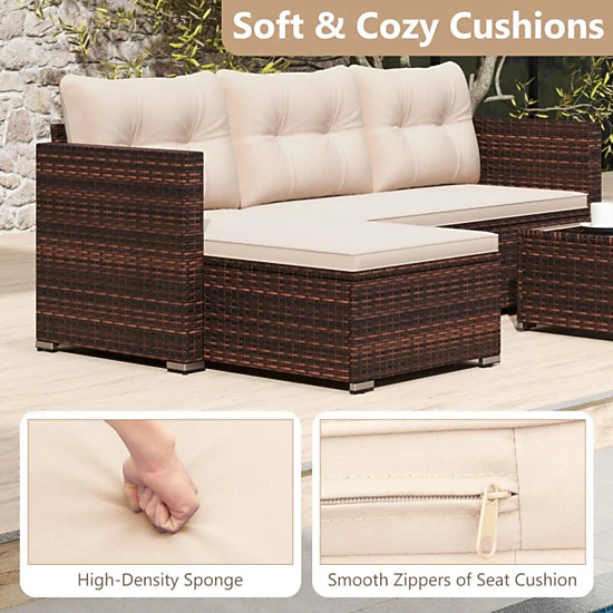 Hivvago 2-Piece Outdoor Wicker Furniture Set With Tempered Glass Coffee Table And Soft Cushions-Beige
