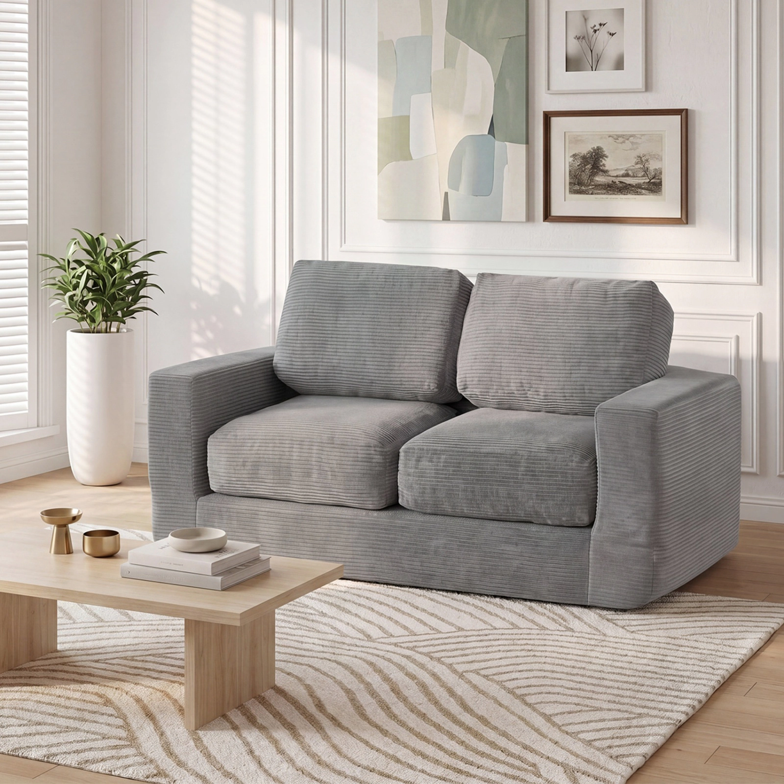 SUGIFT Gray Corduroy Floor Couch, 2-Seater Foam Loveseat, 660-lb Capacity