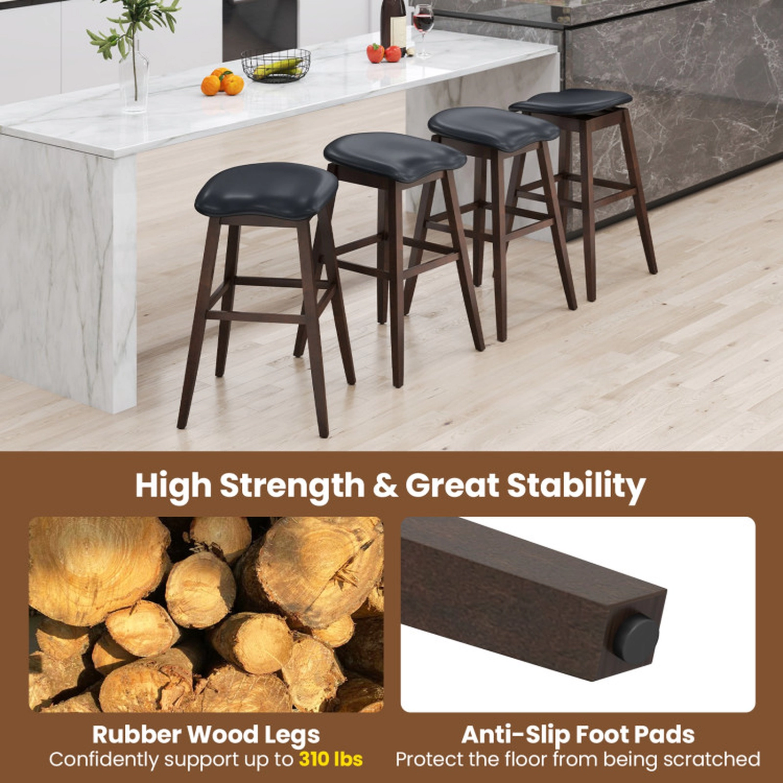 SUGIFT Black and Brown Padded Contoured Seat and Footrest Set of 2 Swivel Bar Stool