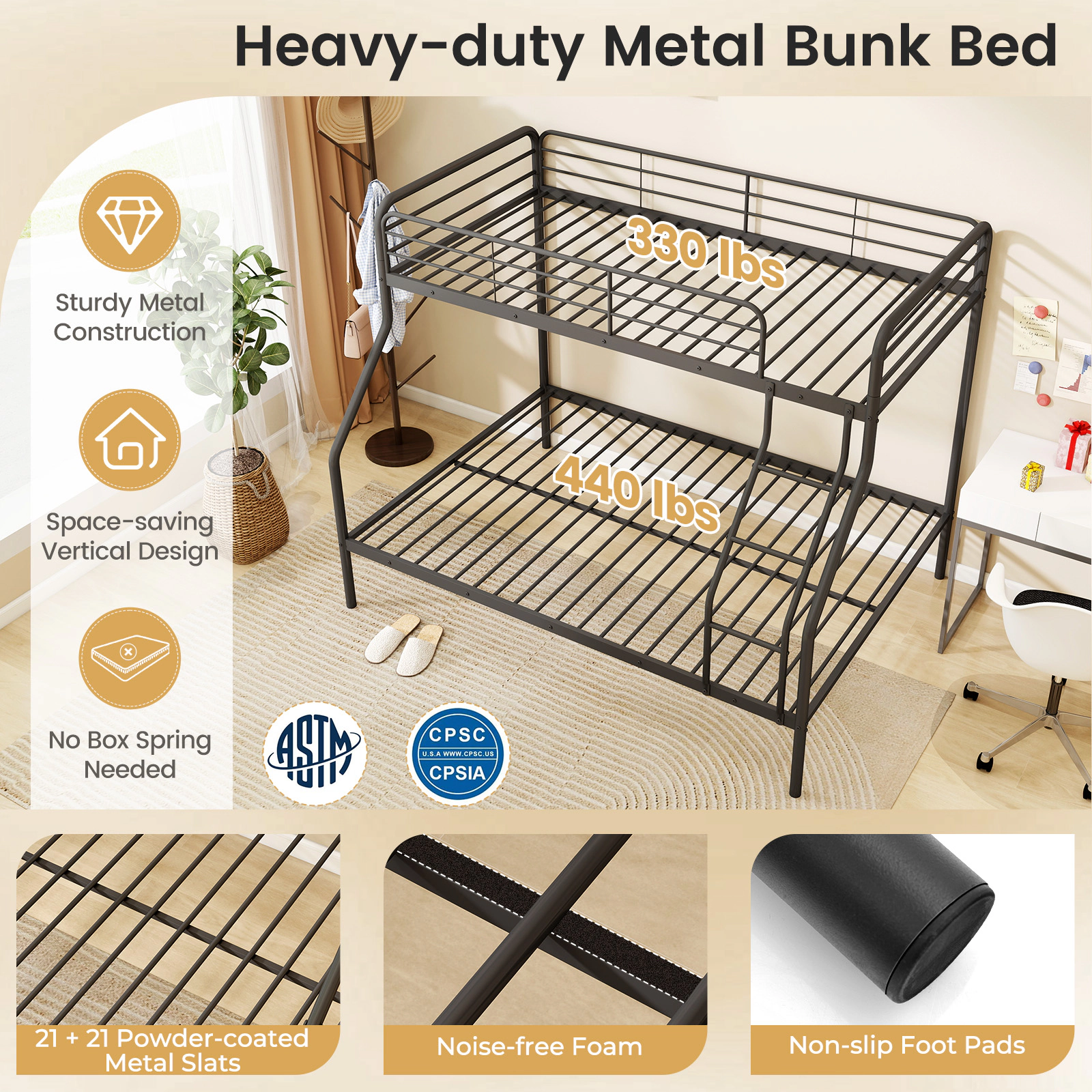 Twin Over Full Bunk Bed Metal Bunk Beds with Full Length Guardrails Integrated Ladder Black