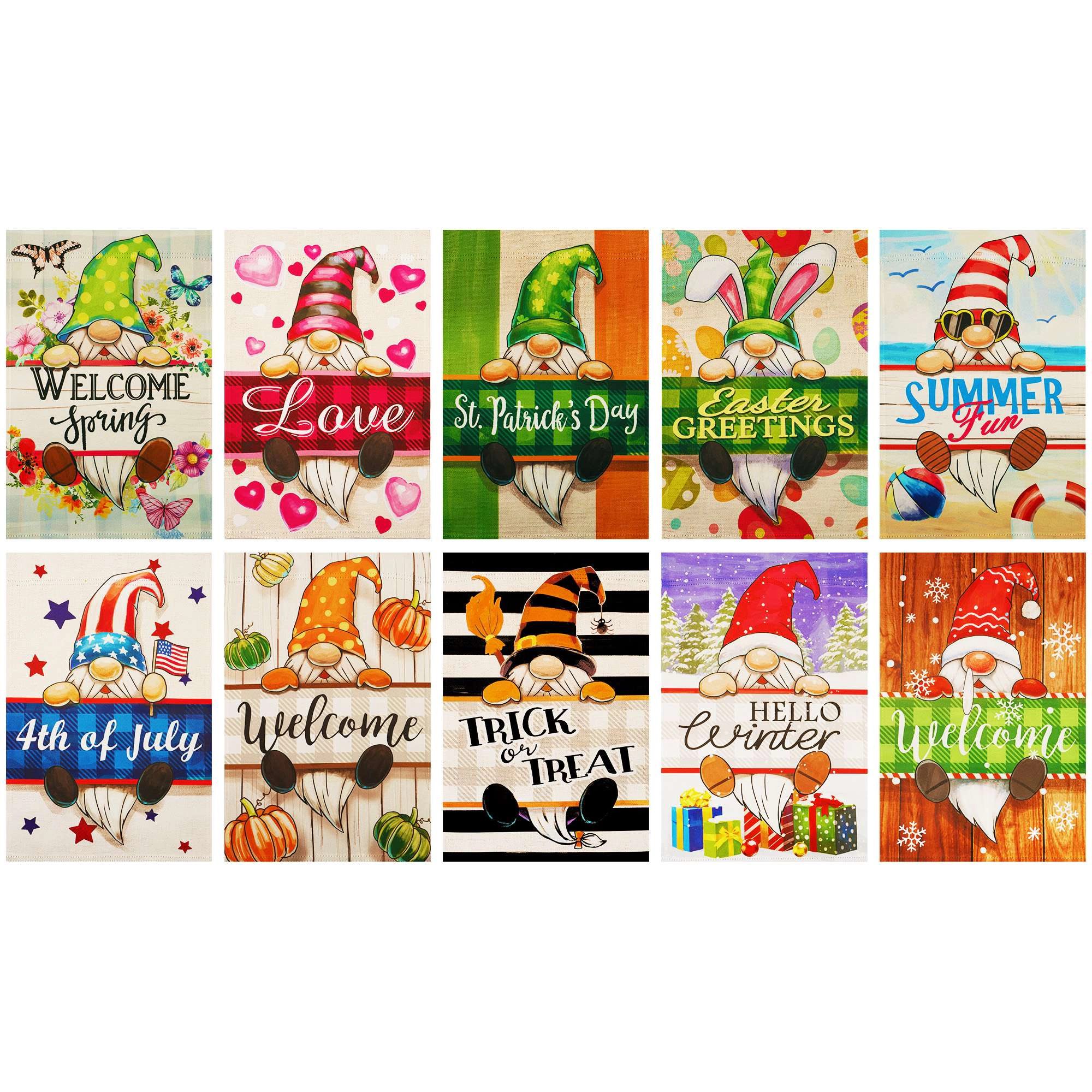 G128 Holiday Gnomes 10pc Garden Flag Set 12x18 in Double-Sided All-Season Yard Decoration
