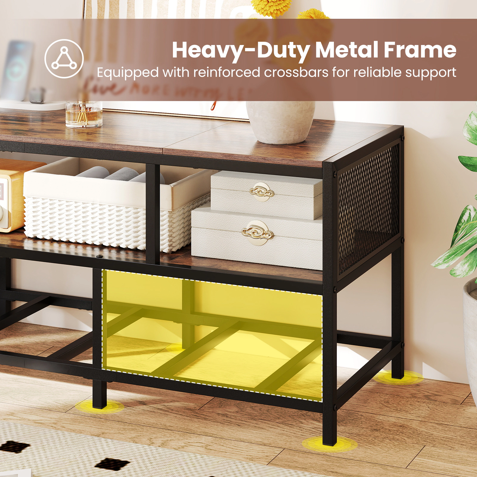 SUGIFT 55-in TV Stand with 3-Tier Storage and Charging Station for TVs up to 65 in 100-lb Tabletop Capacity Rustic Brown