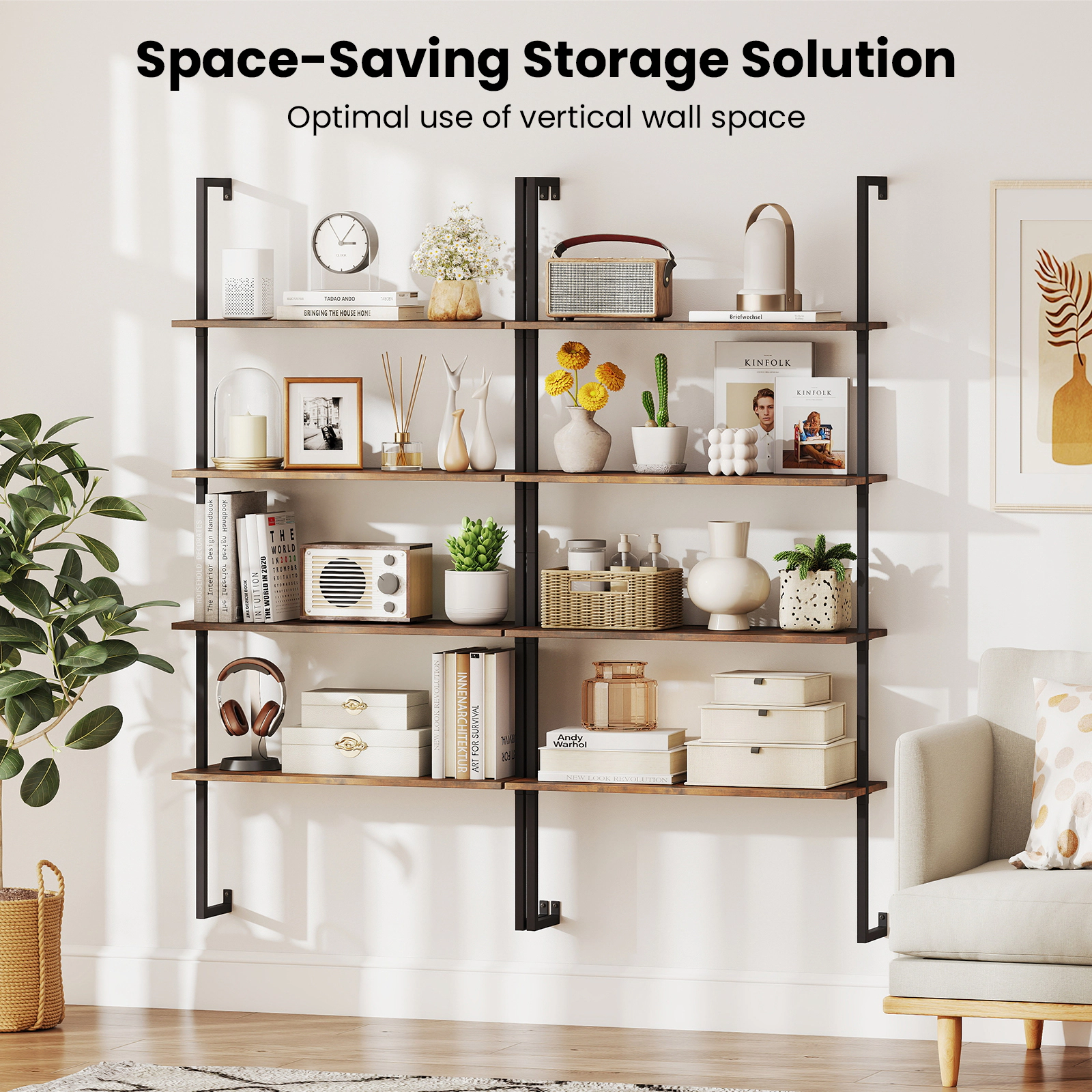 SUGIFT Brown 4-Tier Industrial Ladder Bookshelf Wall Mounted with Metal Frame